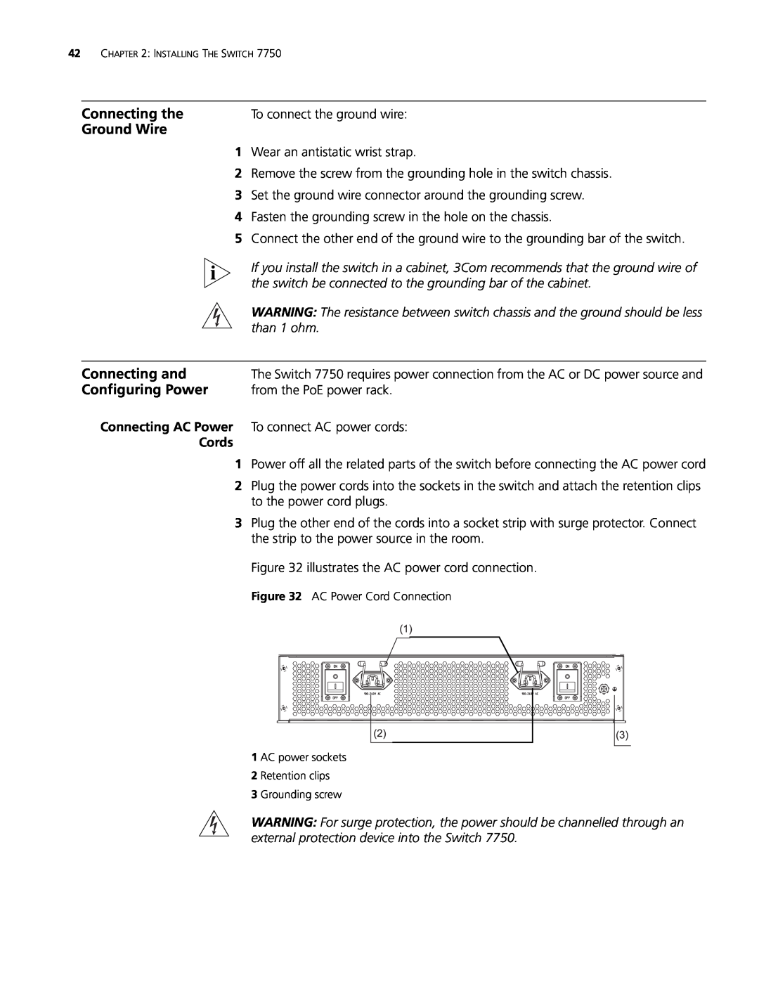3Com 3C16896 8 slot AC Chassis manual Connecting the, Ground Wire, Connecting and, Configuring Power, Cords 