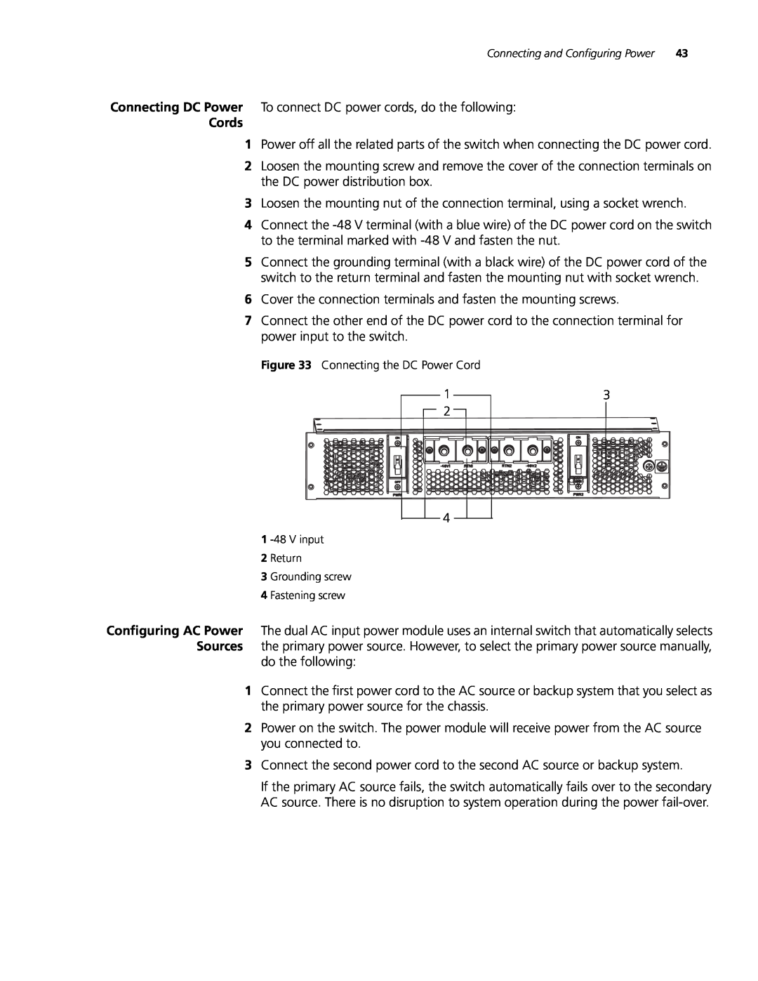 3Com 3C16897 8-slot DC Chassis manual Connecting DC Power To connect DC power cords, do the following, Cords 