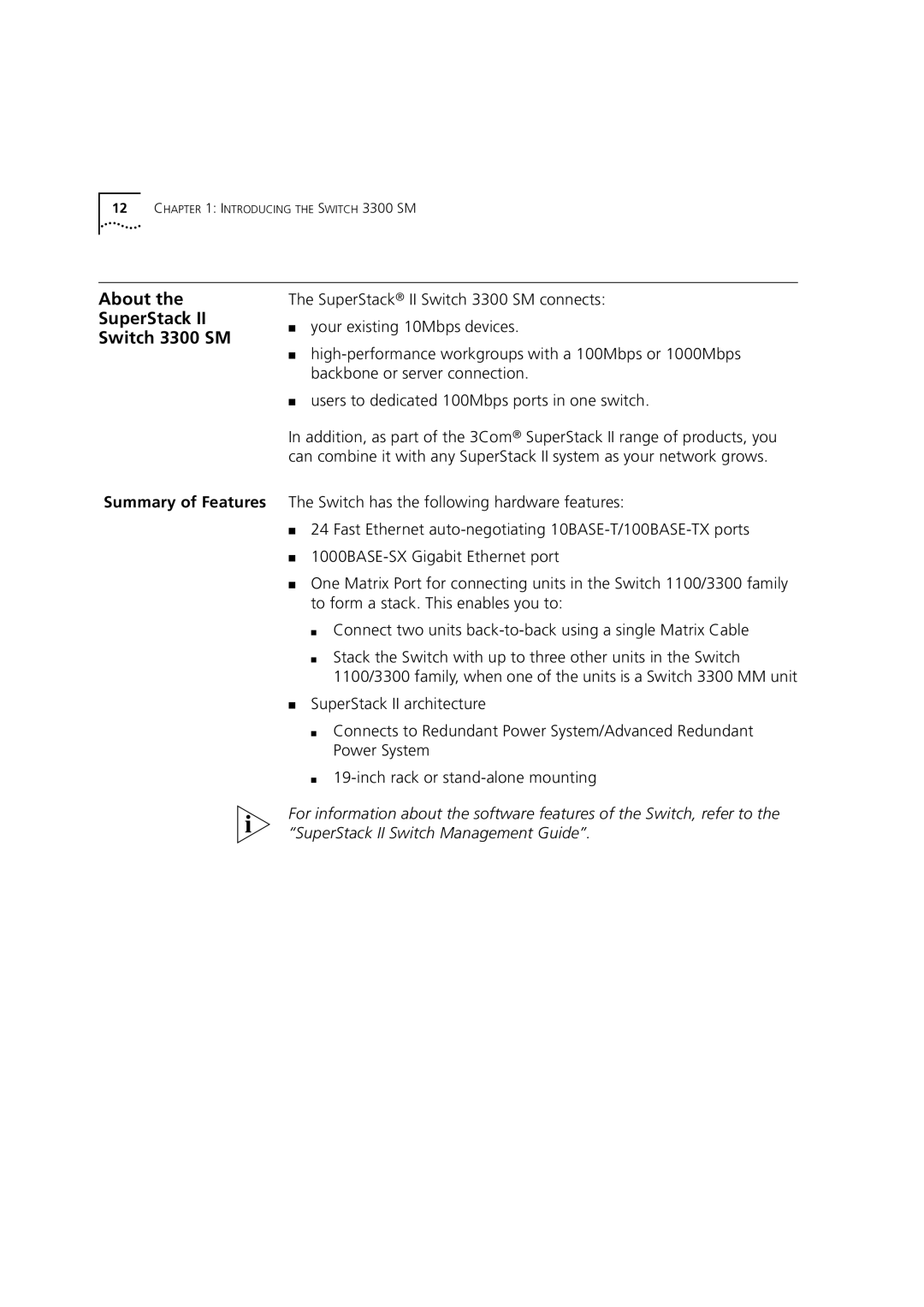 3Com 3C16987 manual About SuperStack Switch 3300 SM, Summary of Features 