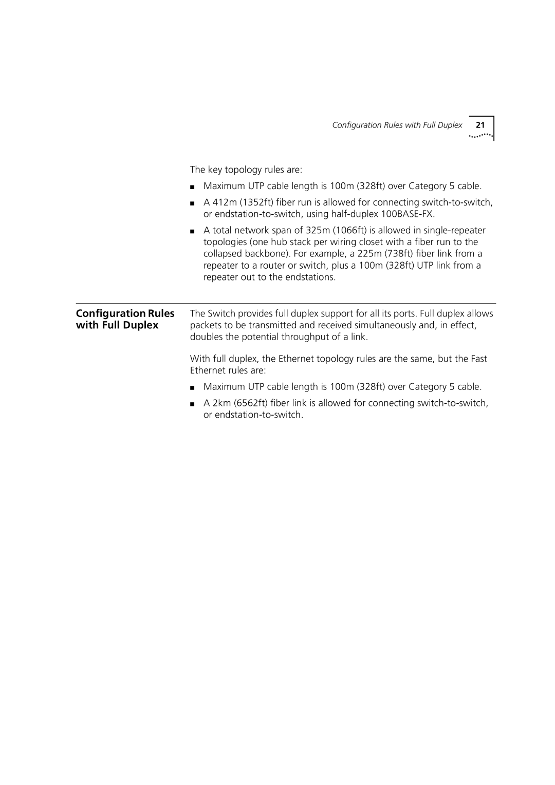 3Com 3C16987 manual Configuration Rules with Full Duplex 