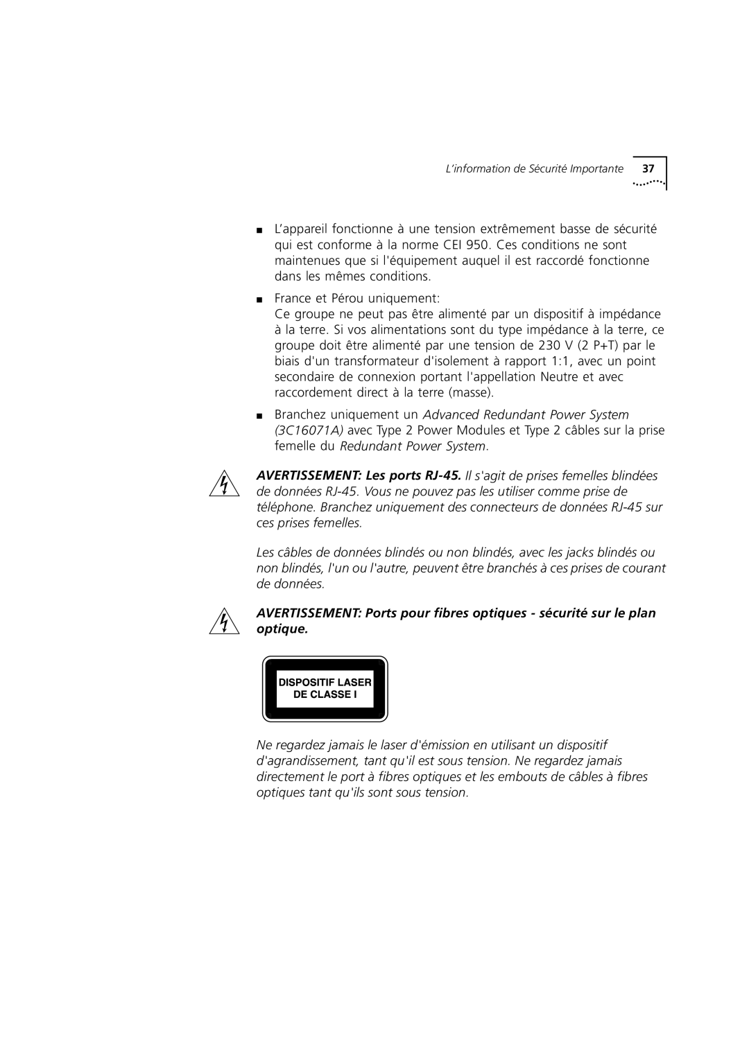 3Com 3C16987 manual ’information de Sécurité Importante 