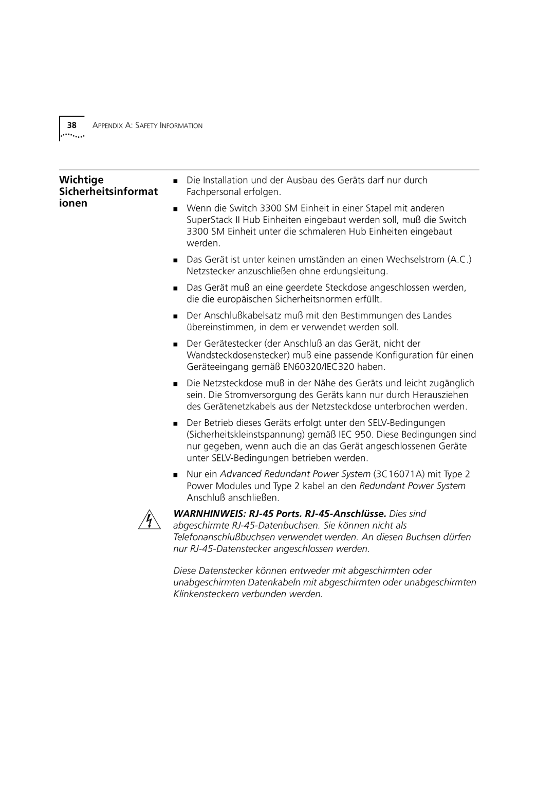 3Com 3C16987 manual Wichtige Sicherheitsinformat ionen 