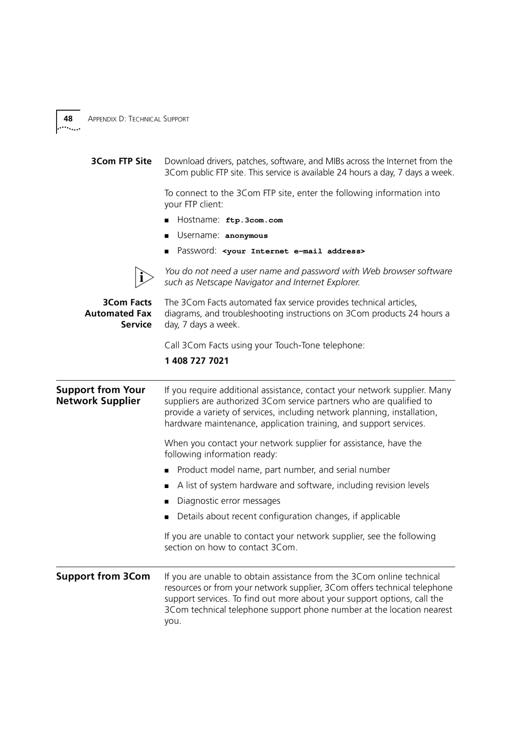 3Com 3C16987 manual Username anonymous, 408 727 
