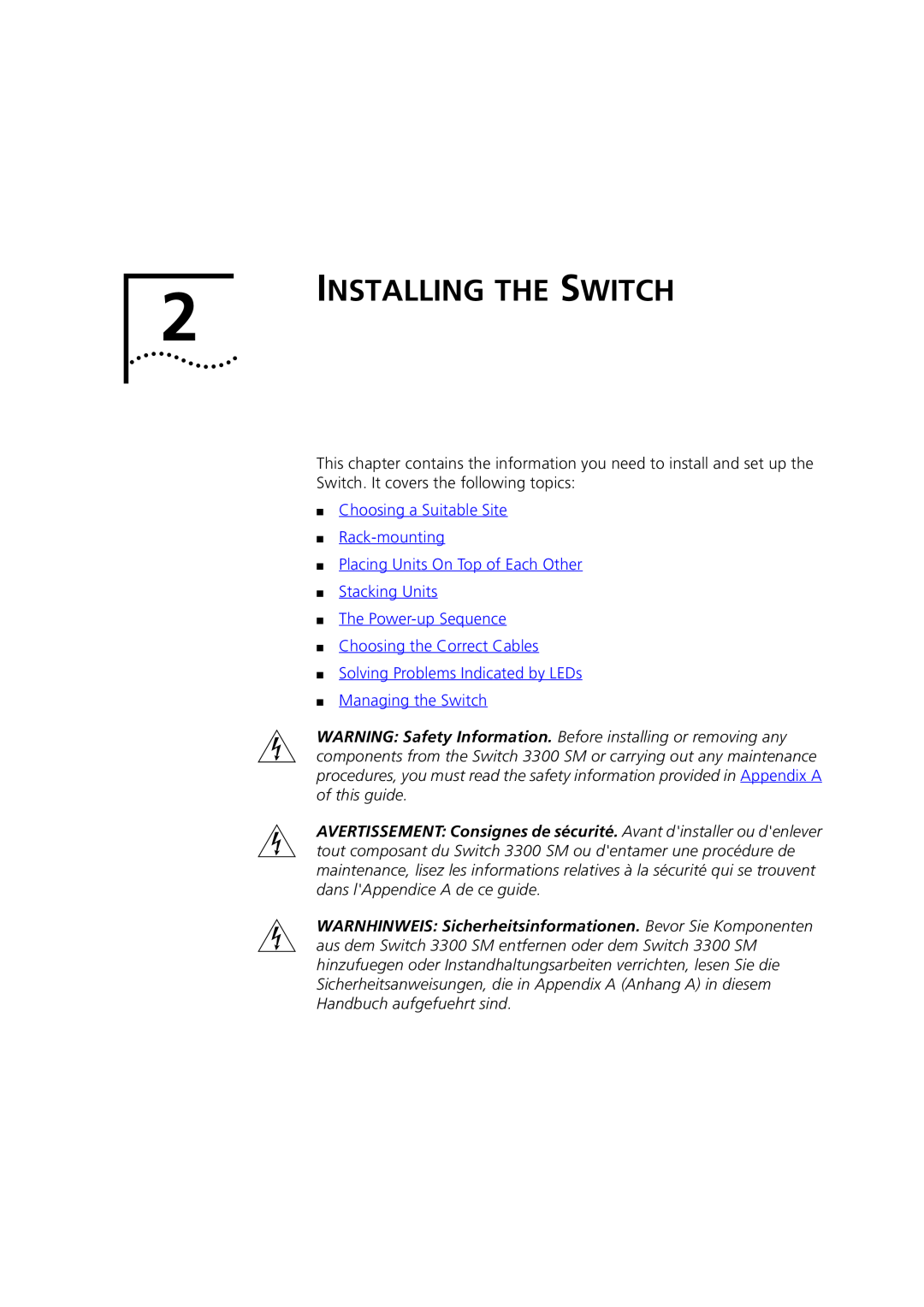 3Com 3C16987 manual Installing The Switch, Choosing a Suitable Site Rack-mounting 