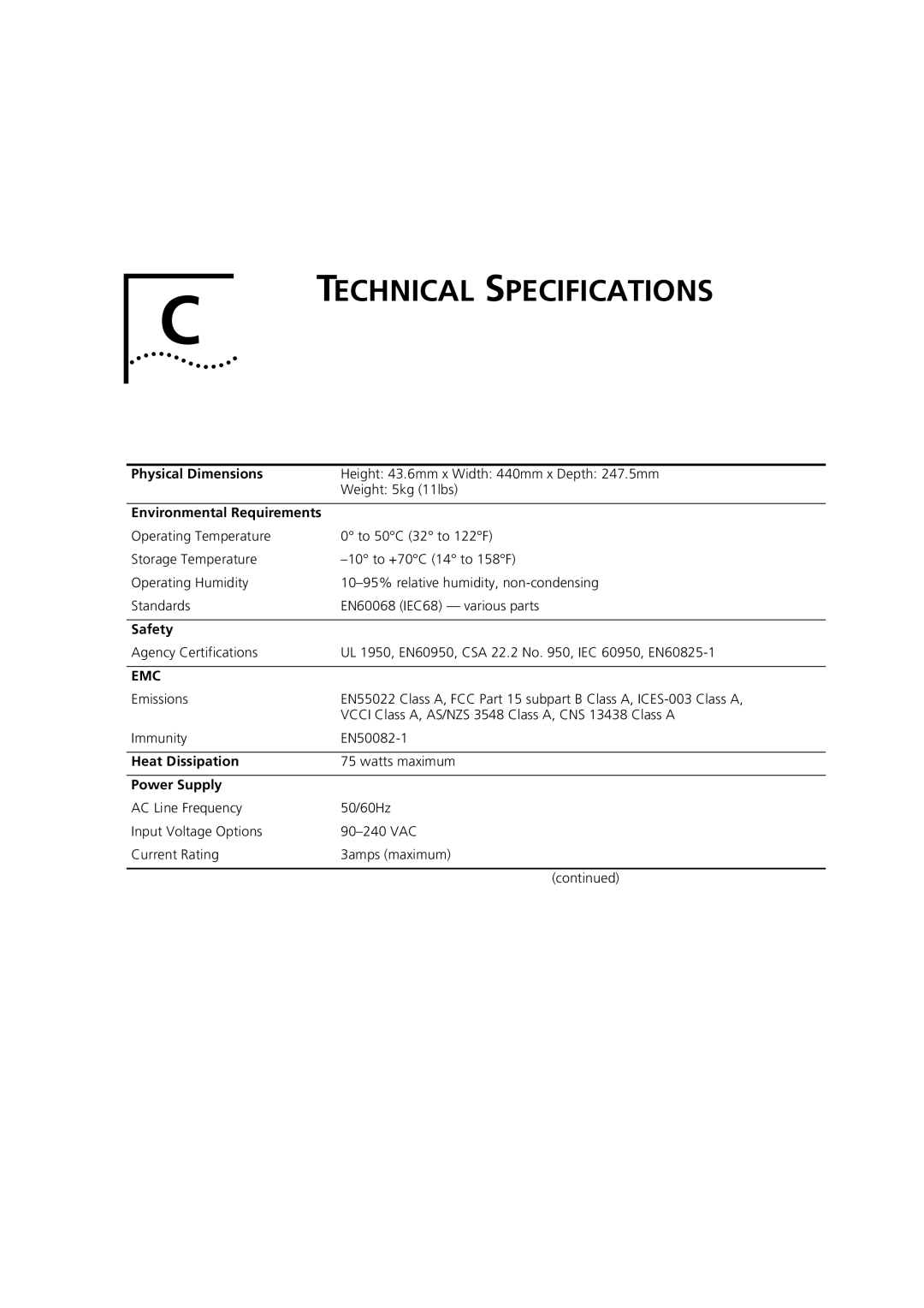 3Com 3C16987 manual Technical Specifications, Physical Dimensions, Environmental Requirements, Safety, Heat Dissipation 