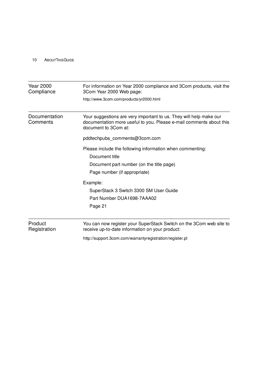 3Com 3C16987A manual Year, Compliance, Comments, Product, Registration 