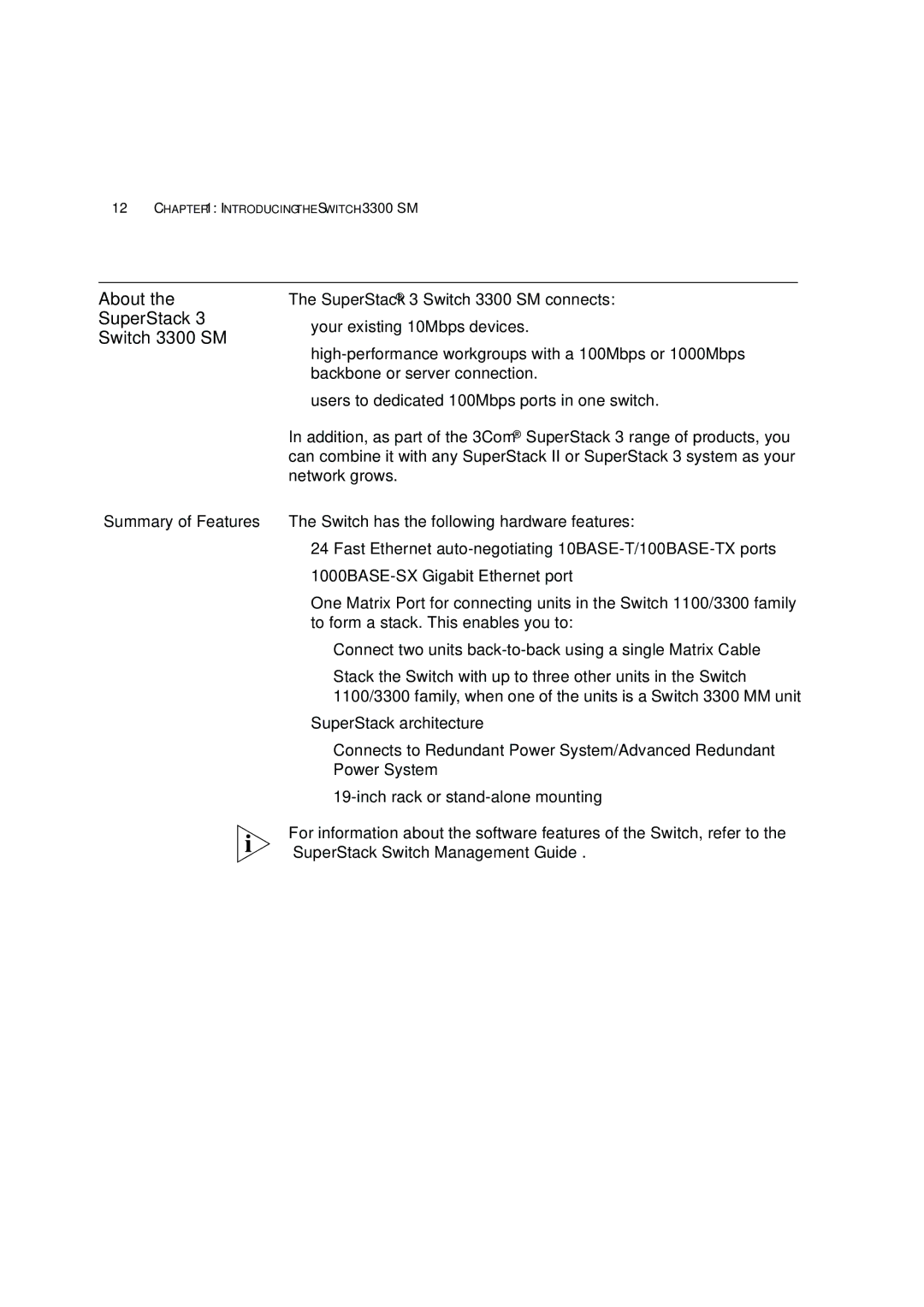 3Com 3C16987A manual About SuperStack Switch 3300 SM, Summary of Features 