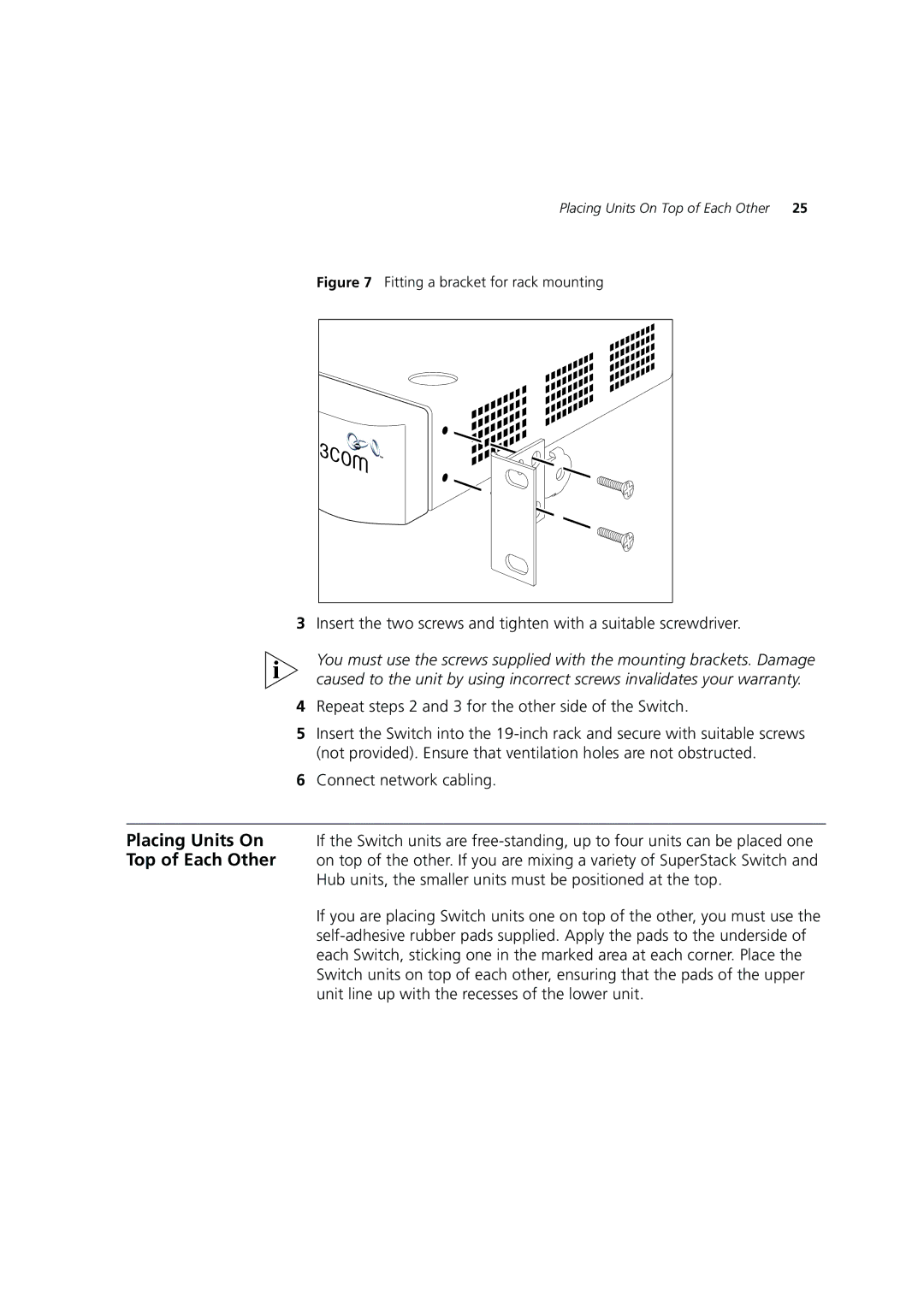 3Com 3C16987A manual Repeat steps 2 and 3 for the other side of the Switch, Fitting a bracket for rack mounting 