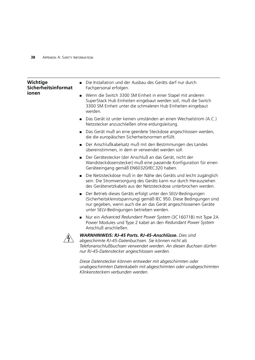 3Com 3C16987A manual Wichtige Sicherheitsinformat ionen 