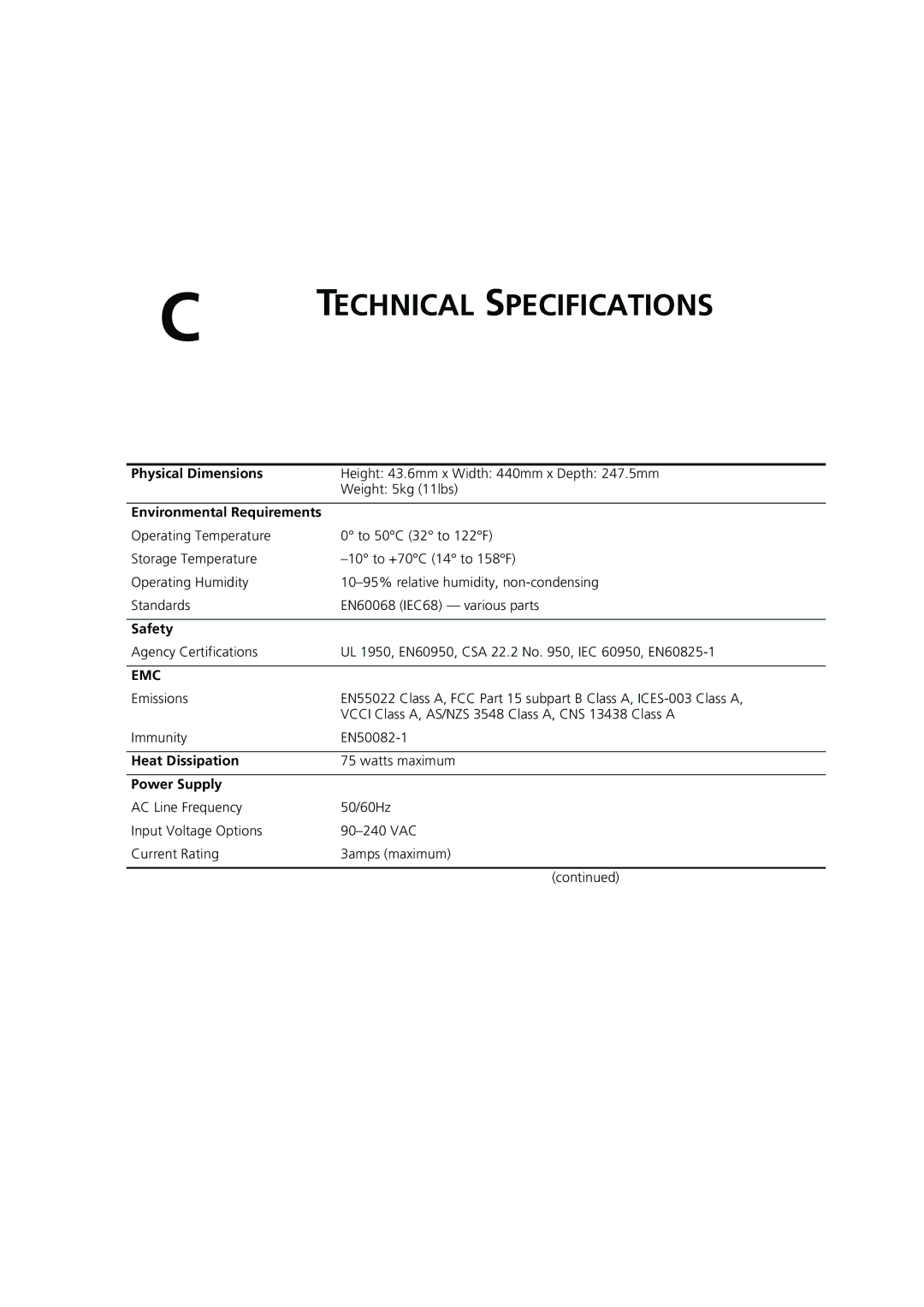 3Com 3C16987A manual Physical Dimensions, Environmental Requirements, Safety, Heat Dissipation, Power Supply 