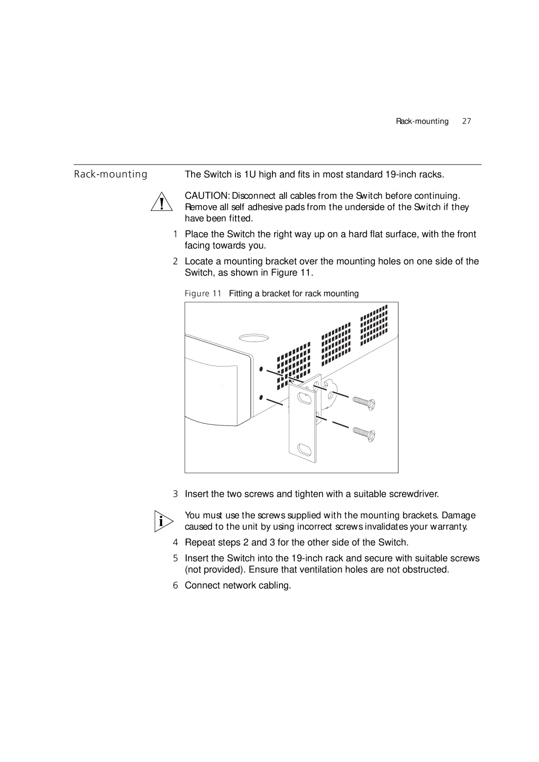 3Com 3C16985B, 3C16988A manual Rack-mounting, Repeat steps 2 and 3 for the other side of the Switch, Connect network cabling 