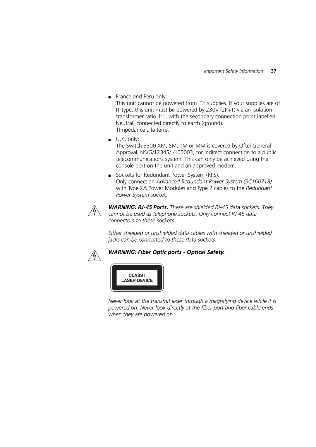 3Com 3C16987A, 3C16988A, 3C16986A, 3C16985B manual Important Safety Information 