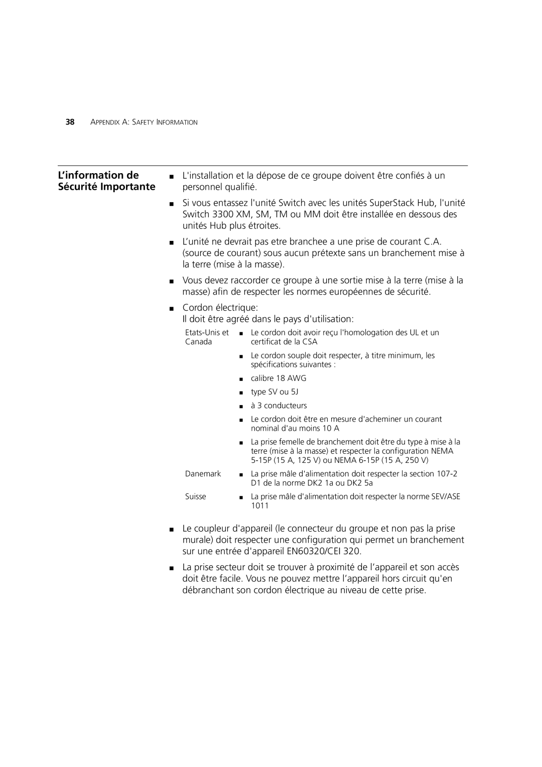 3Com 3C16986A, 3C16988A, 3C16987A, 3C16985B manual ’information de, Sécurité Importante 