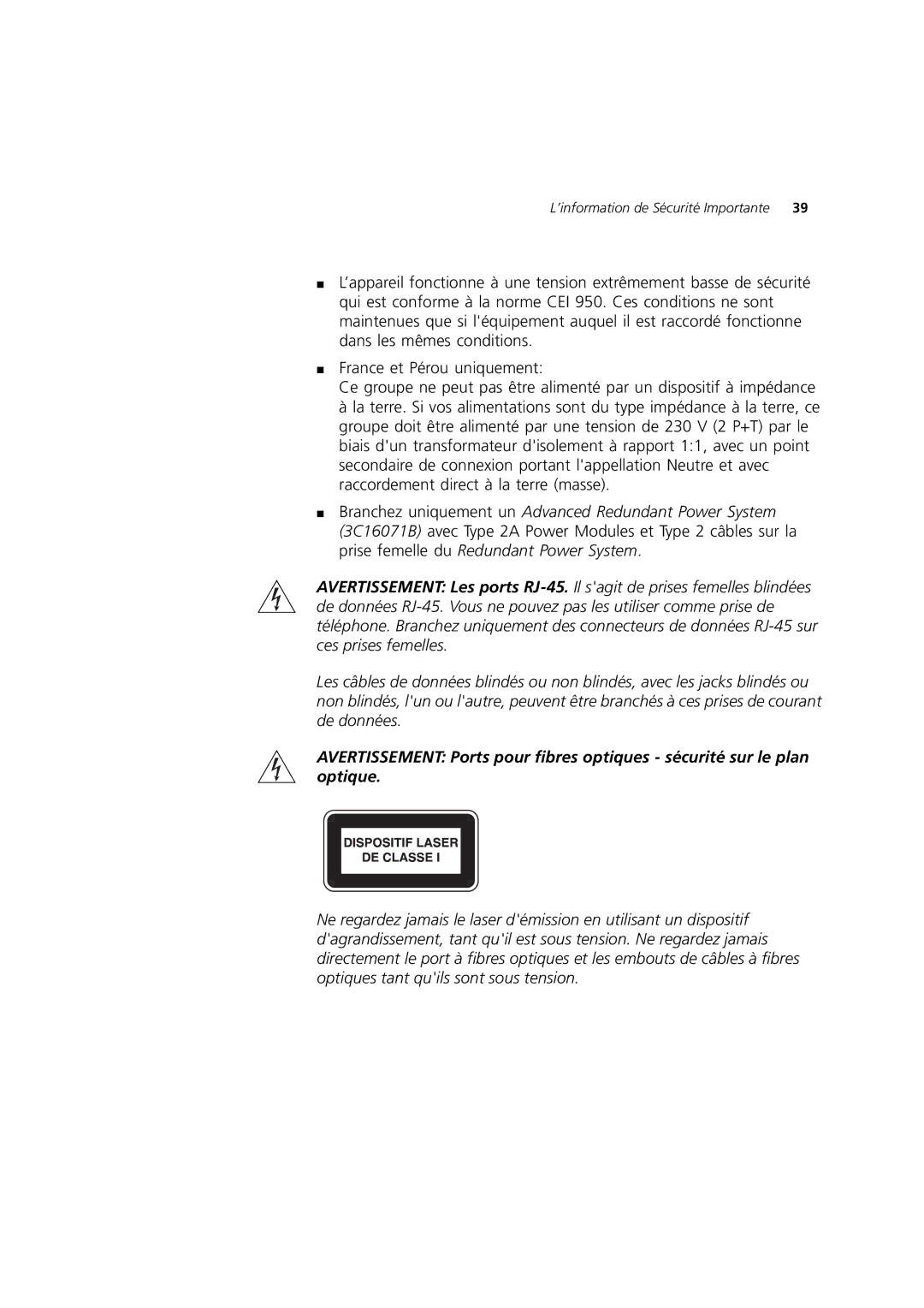 3Com 3C16985B, 3C16988A, 3C16987A, 3C16986A manual ’information de Sécurité Importante 