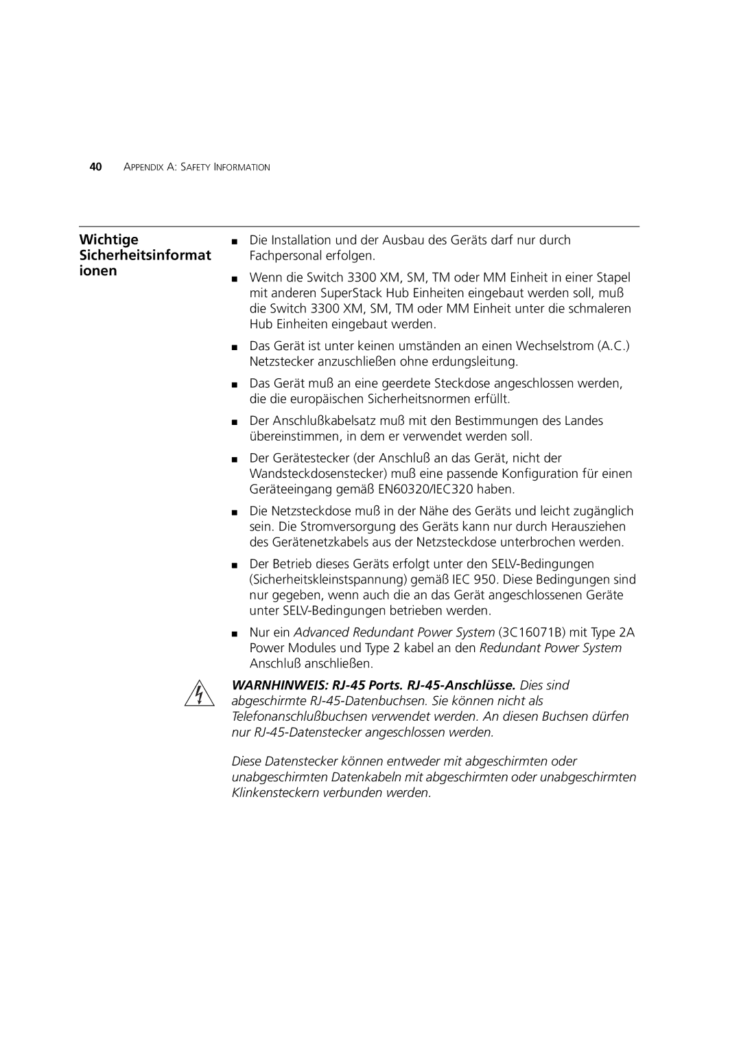 3Com 3C16988A, 3C16987A, 3C16986A, 3C16985B manual Wichtige Sicherheitsinformat ionen 