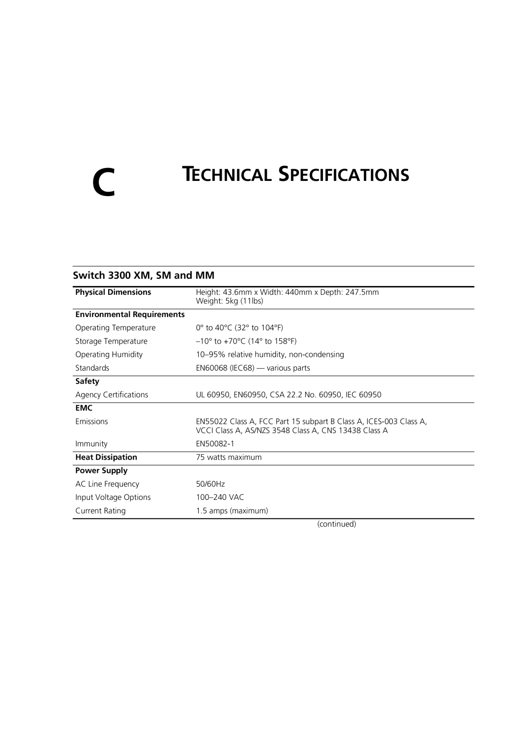 3Com 3C16985B, 3C16988A, 3C16987A, 3C16986A manual Technical Specifications, Switch 3300 XM, SM and MM 