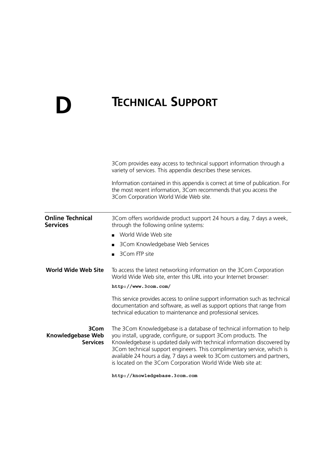 3Com 3C16985B, 3C16988A, 3C16987A, 3C16986A manual Online Technical, Services 