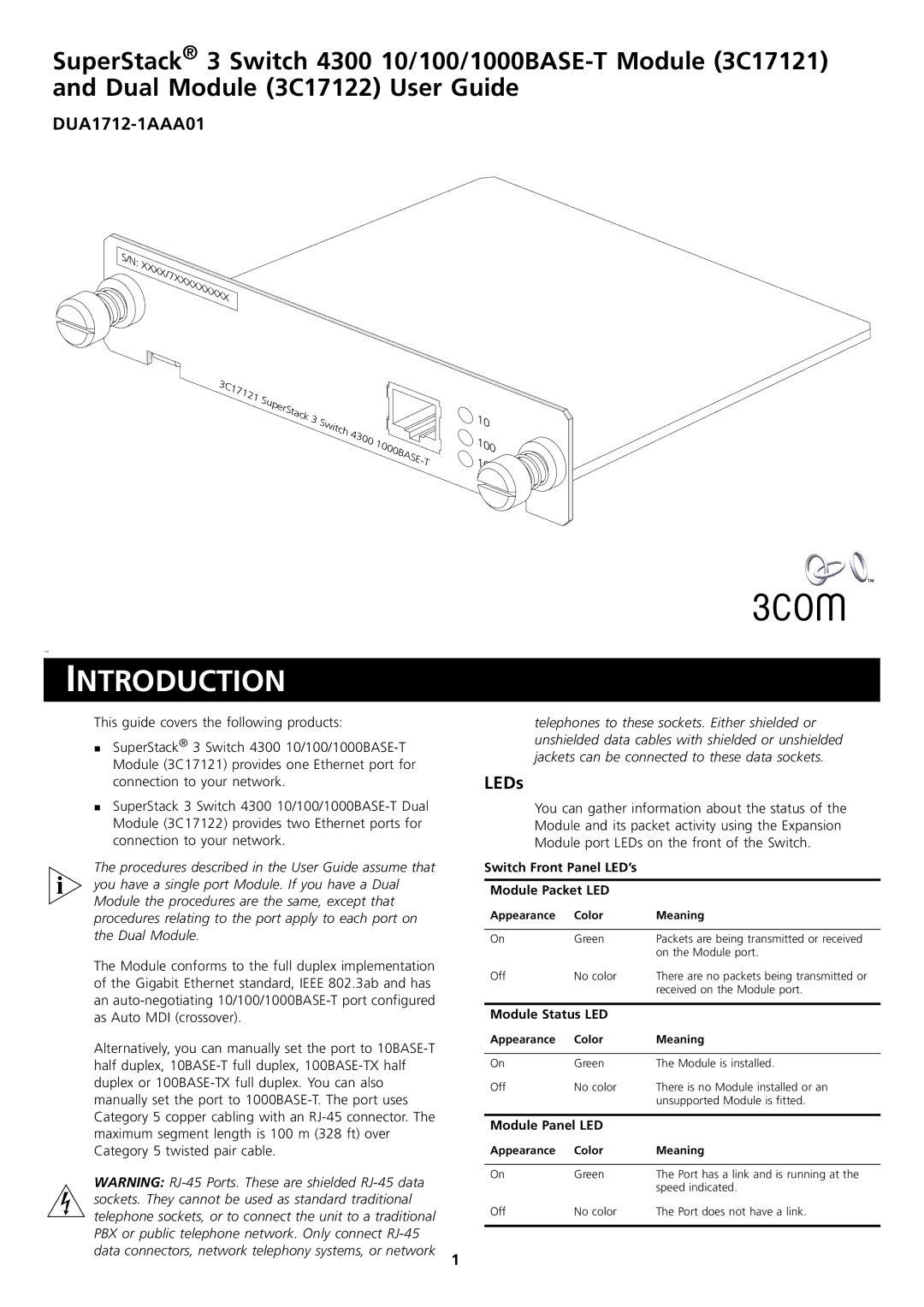 3Com 3C17121 manual Introduction, DUA1712-1AAA01, LEDs 