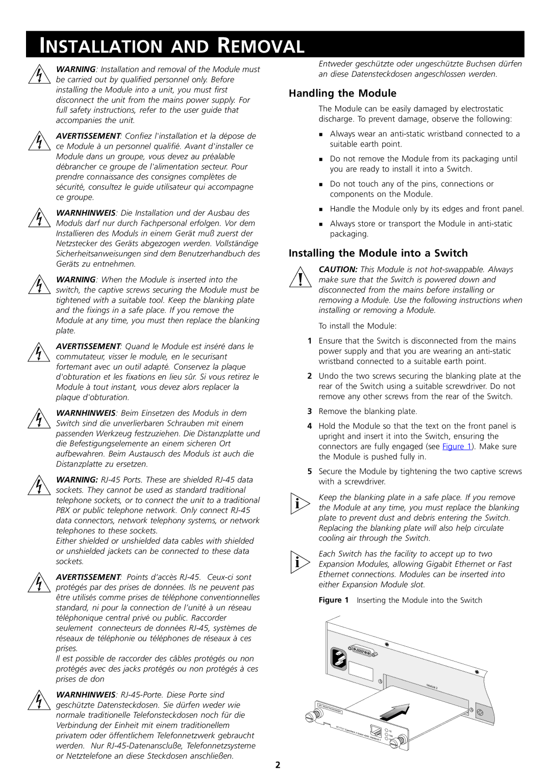 3Com 3C17121 manual Installation and Removal, Handling the Module, Installing the Module into a Switch 