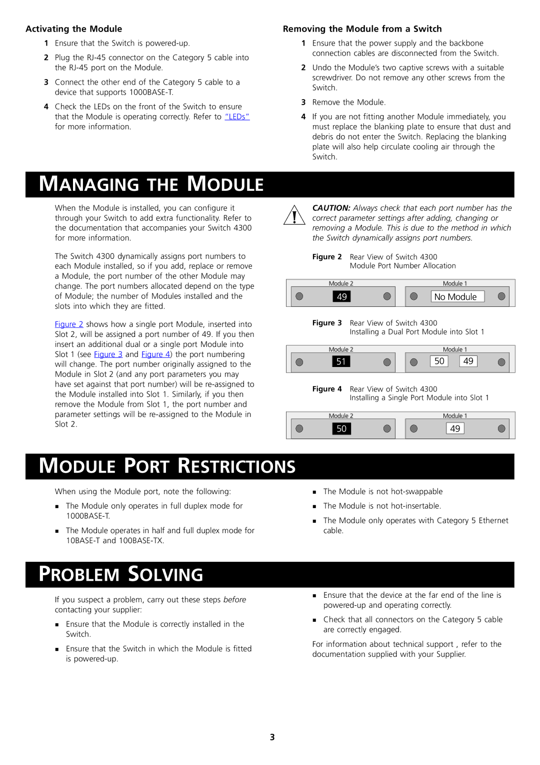 3Com 3C17121 manual Managing the Module, Module Port Restrictions, Problem Solving, Activating the Module 