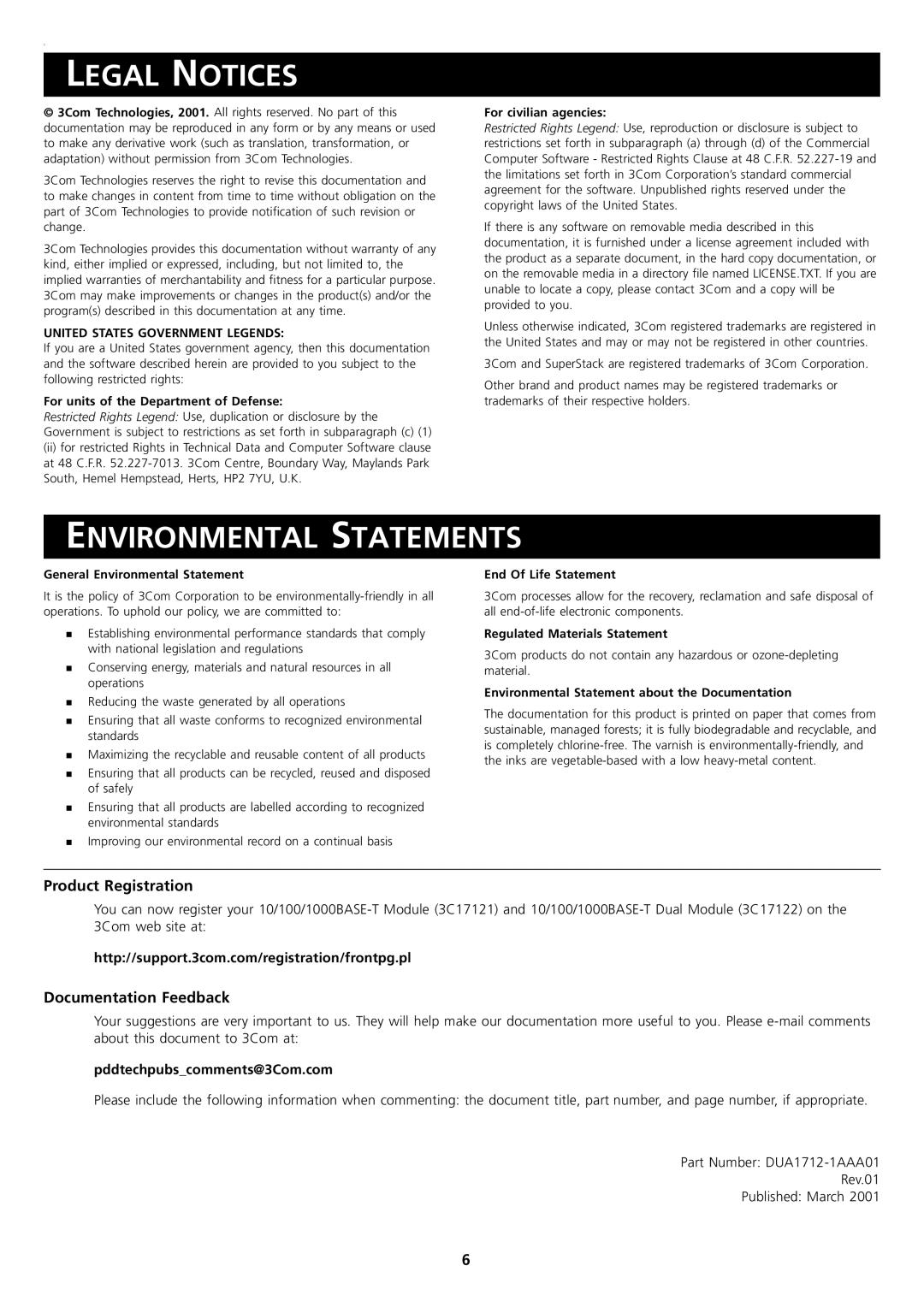 3Com 3C17121 manual Legal Notices, Environmental Statements, Product Registration, Documentation Feedback 