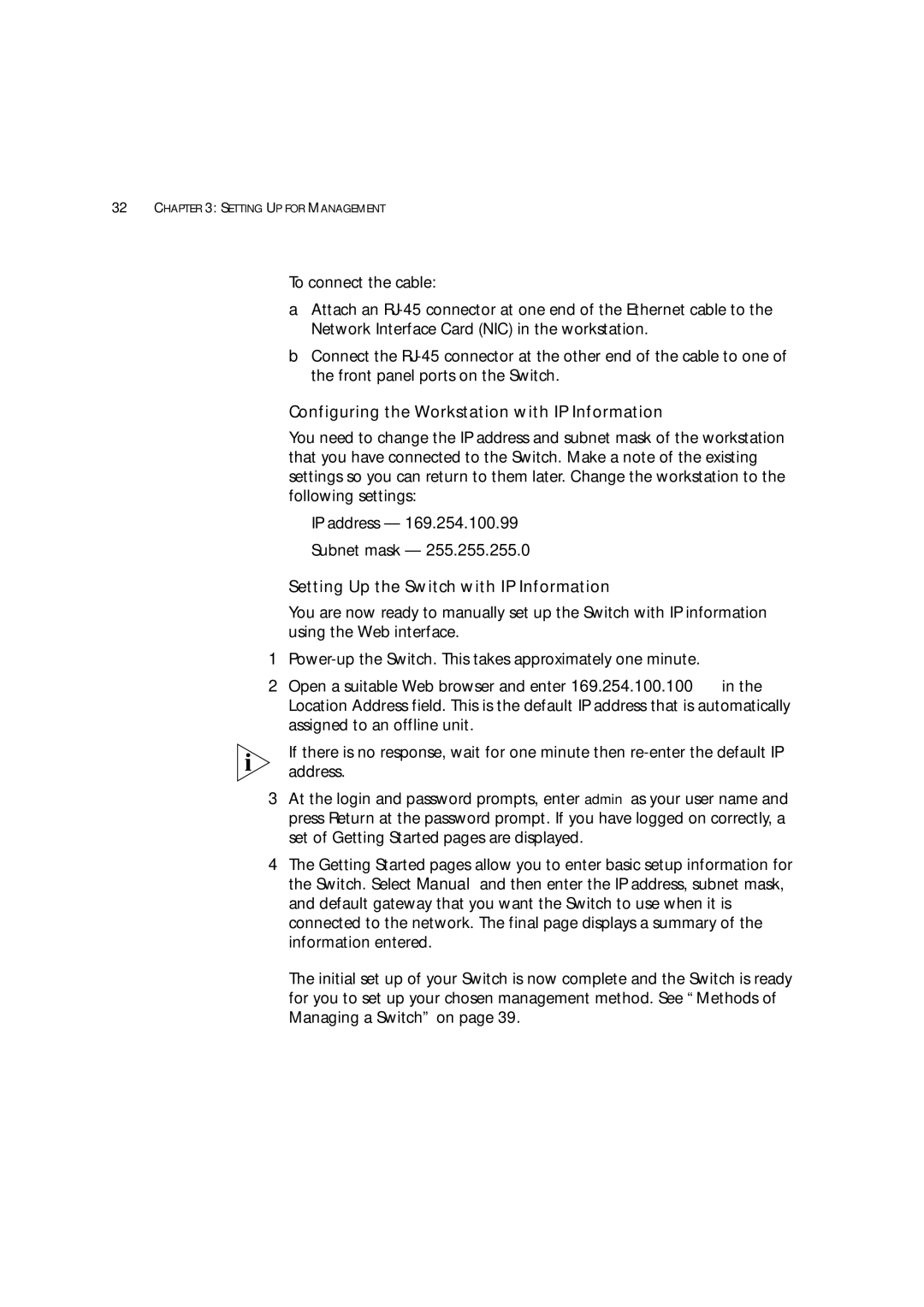 3Com 3C172203, 3C17204 manual Configuring the Workstation with IP Information, Setting Up the Switch with IP Information 