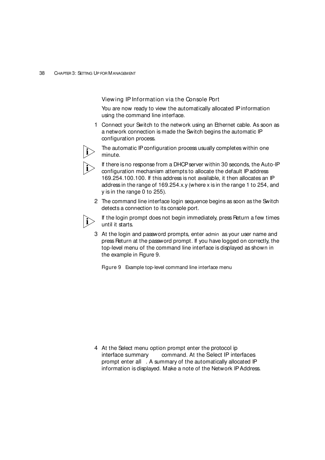 3Com 3C172203, 3C17204 manual Viewing IP Information via the Console Port, Example top-level command line interface menu 