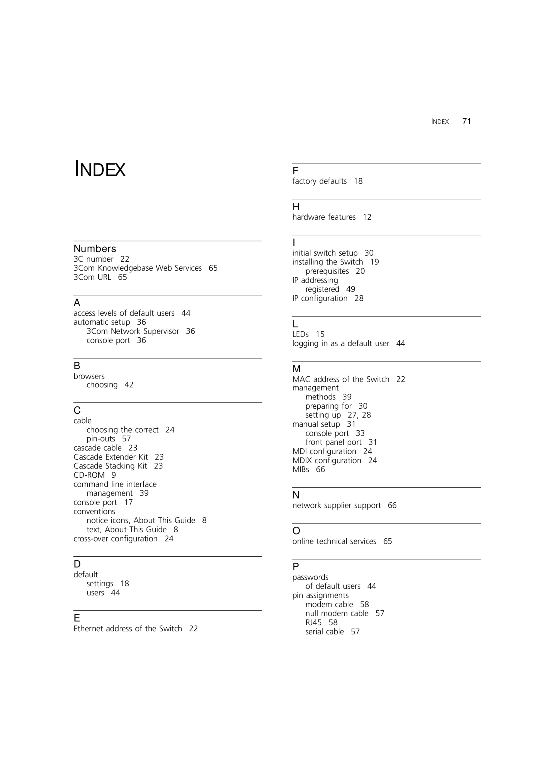 3Com 3C17204, 3C172203 manual Index, Numbers 