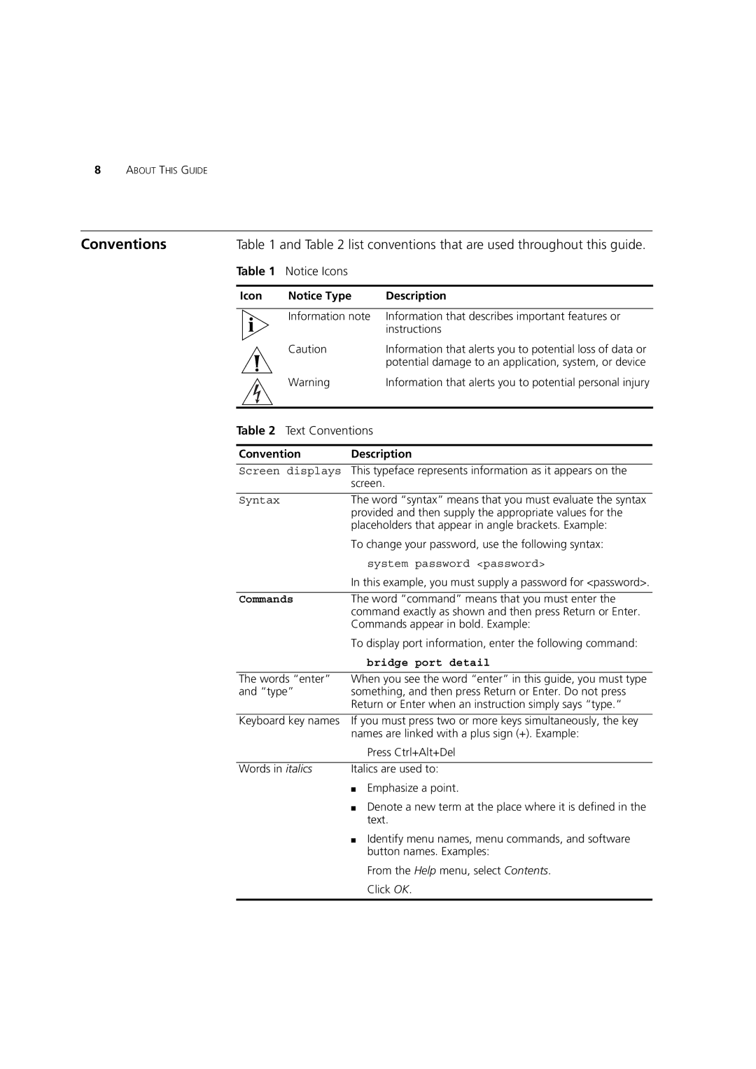 3Com 3C172203, 3C17204 manual List conventions that are used throughout this guide, Text Conventions, Icon Description 