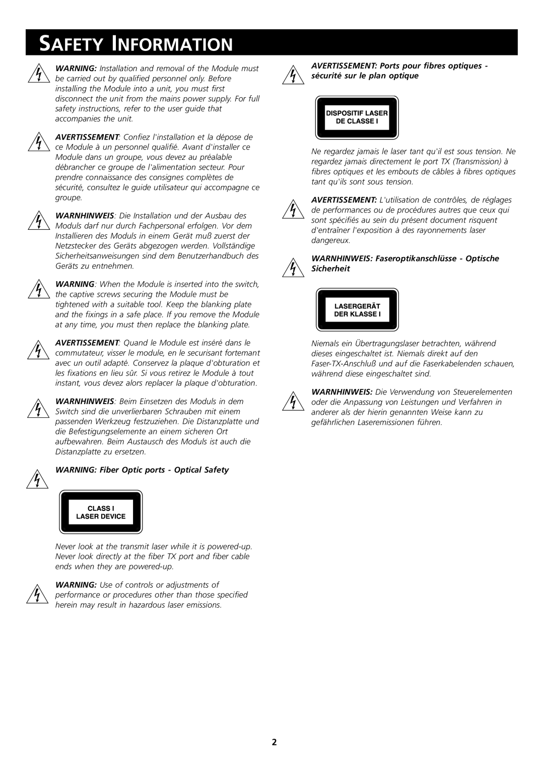 3Com 3C172221 manual Safety Information, Warnhinweis Faseroptikanschlüsse Optische Sicherheit 