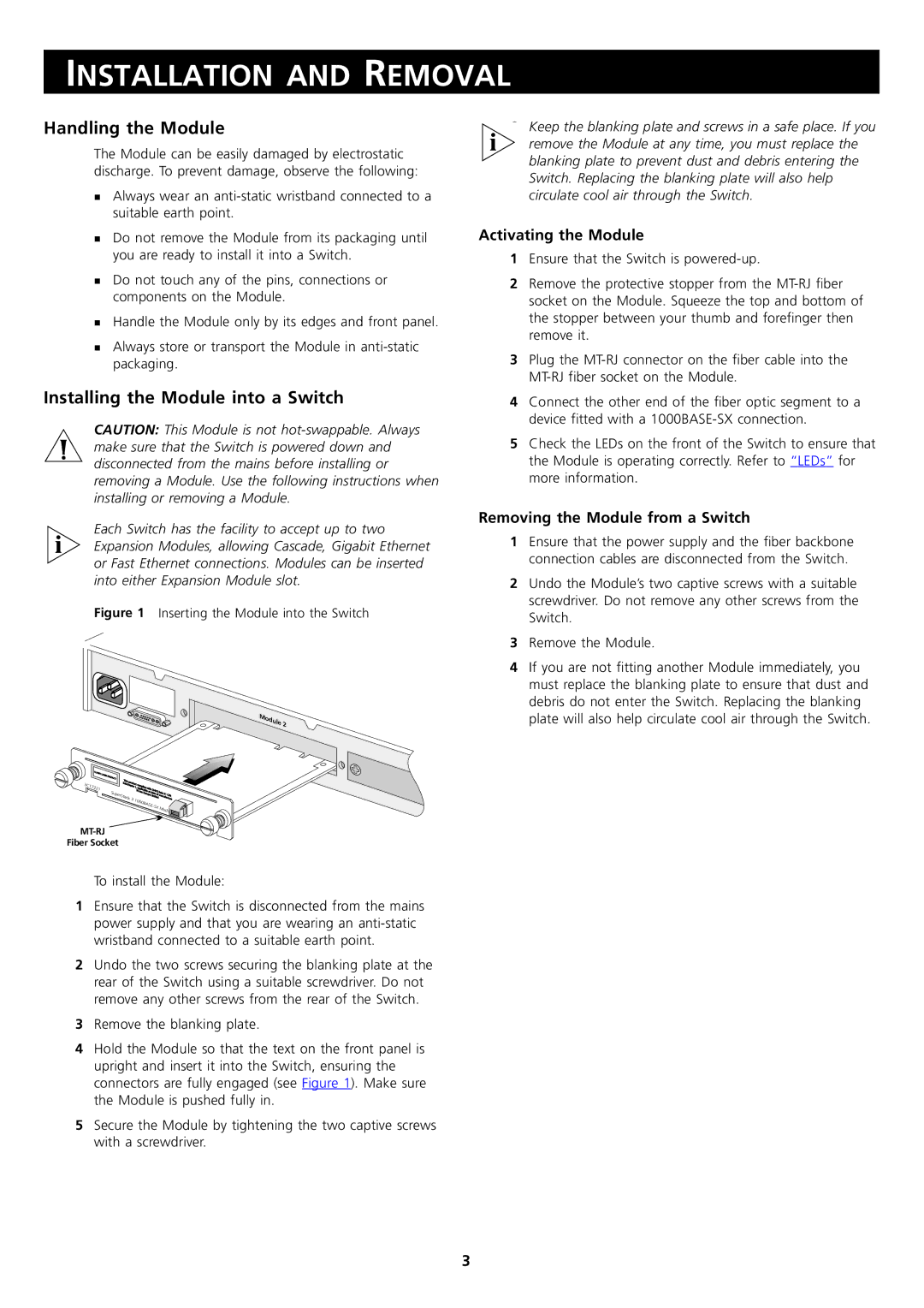 3Com 3C172221 Installation and Removal, Handling the Module, Installing the Module into a Switch, Activating the Module 