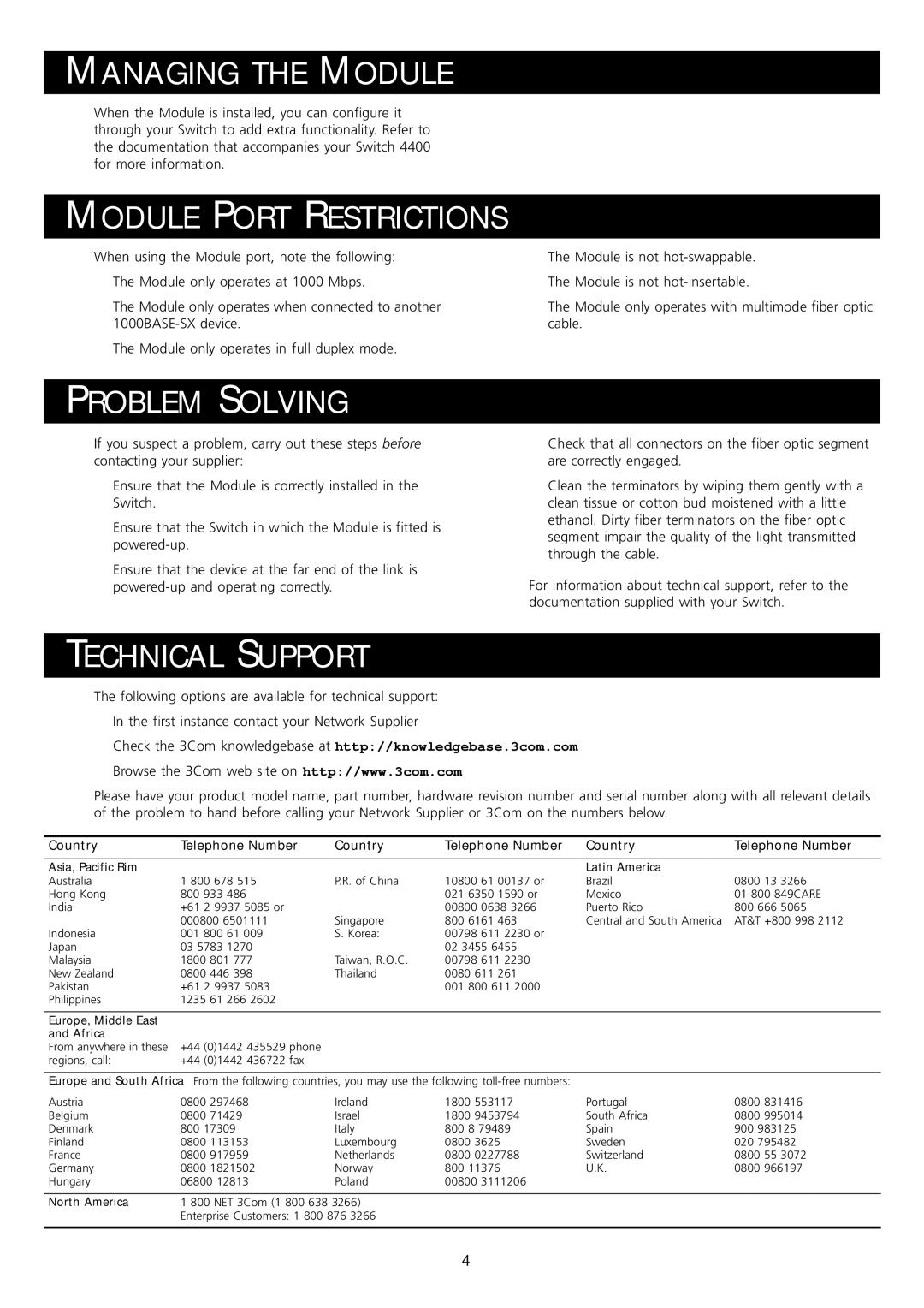 3Com 3C172221 Managing the Module, Module Port Restrictions, Problem Solving, Technical Support, Country Telephone Number 