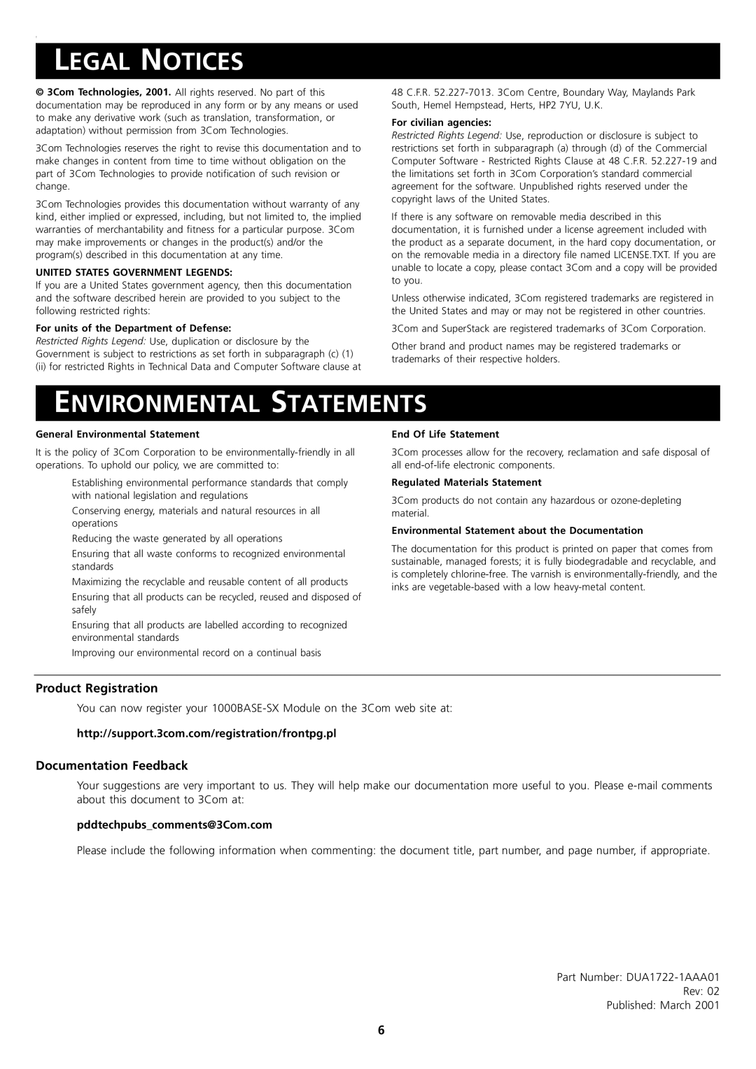 3Com 3C172221 manual Legal Notices, Environmental Statements, Product Registration, Documentation Feedback 