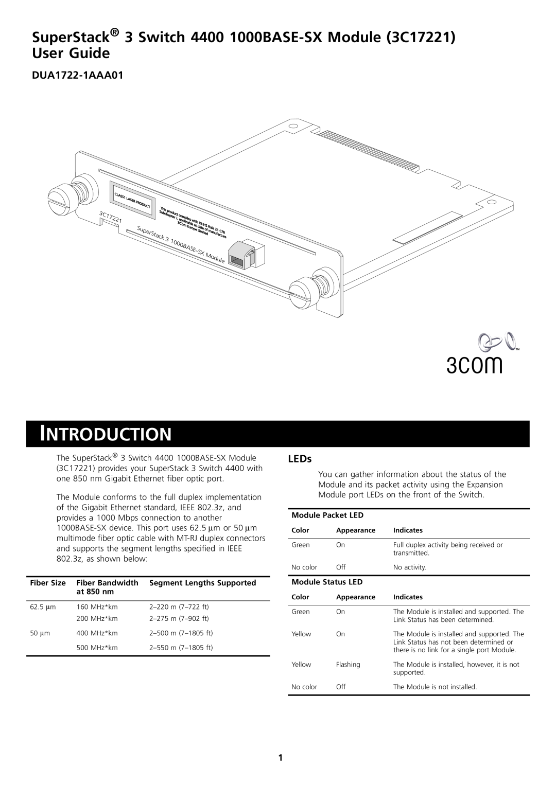 3Com 3C172221 manual Introduction, DUA1722-1AAA01, LEDs, SuperStack 3 Switch 4400 1000BASE-SX Module 3C17221 User Guide 