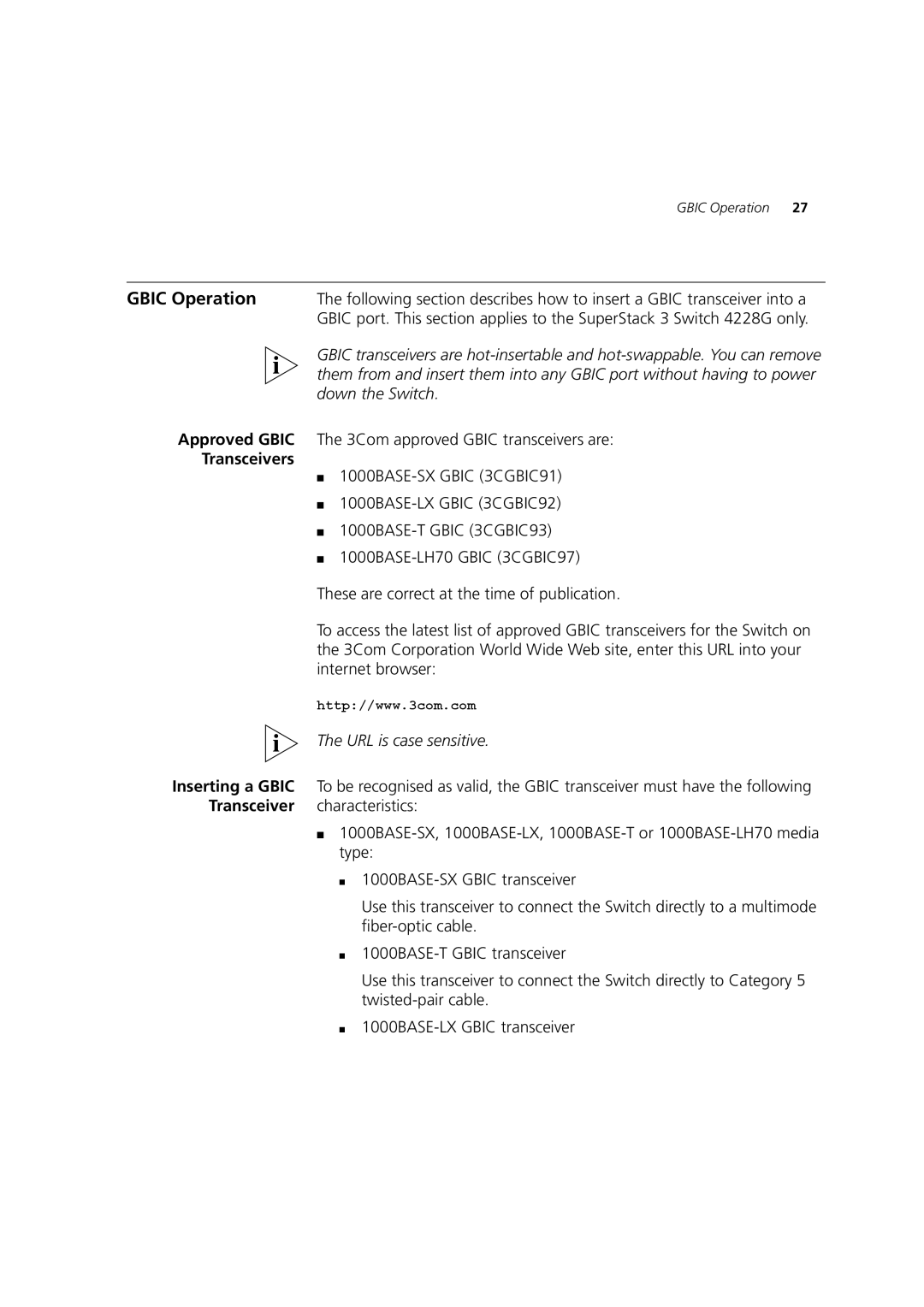 3Com 3C17300, C17302, C17304 manual Gbic Operation, Approved Gbic The 3Com approved Gbic transceivers are, Transceivers 