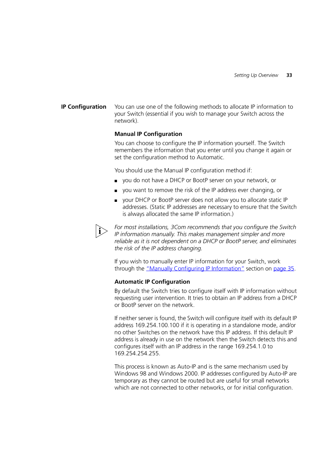 3Com 3C17300, C17302, C17304 manual Manual IP Configuration, Automatic IP Configuration 