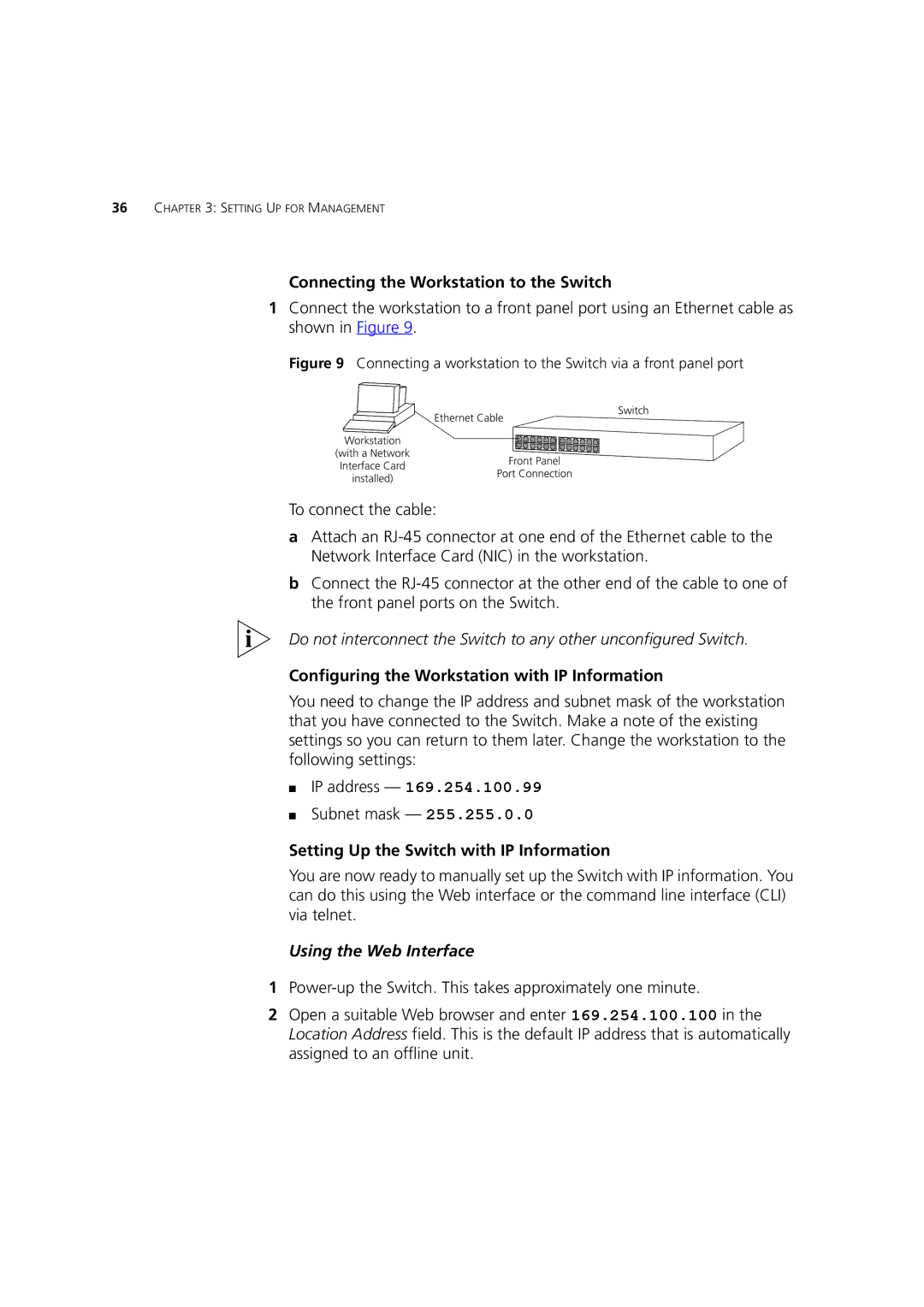 3Com 3C17300, C17302, C17304 manual Connecting the Workstation to the Switch, Configuring the Workstation with IP Information 