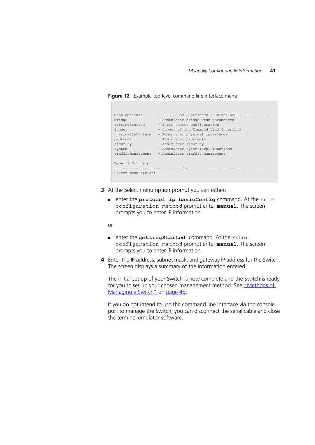 3Com C17304, 3C17300, C17302 manual Example top-level command line interface menu 