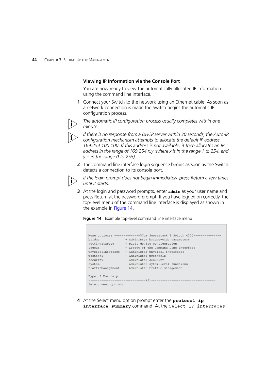 3Com C17304, 3C17300, C17302 Viewing IP Information via the Console Port, Example top-level command line interface menu 