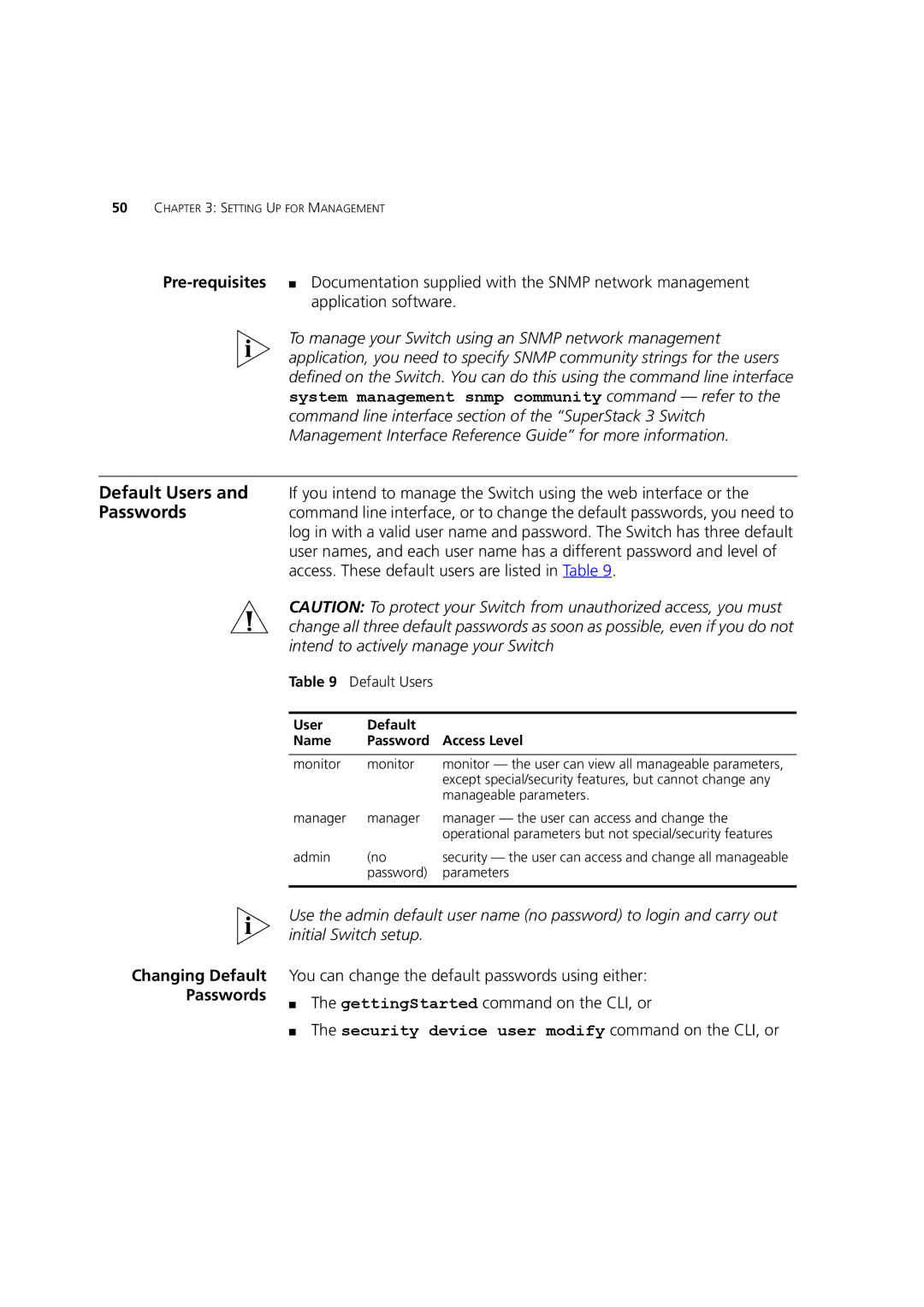 3Com C17304, 3C17300, C17302 manual Default Users, User Default Name Password Access Level 