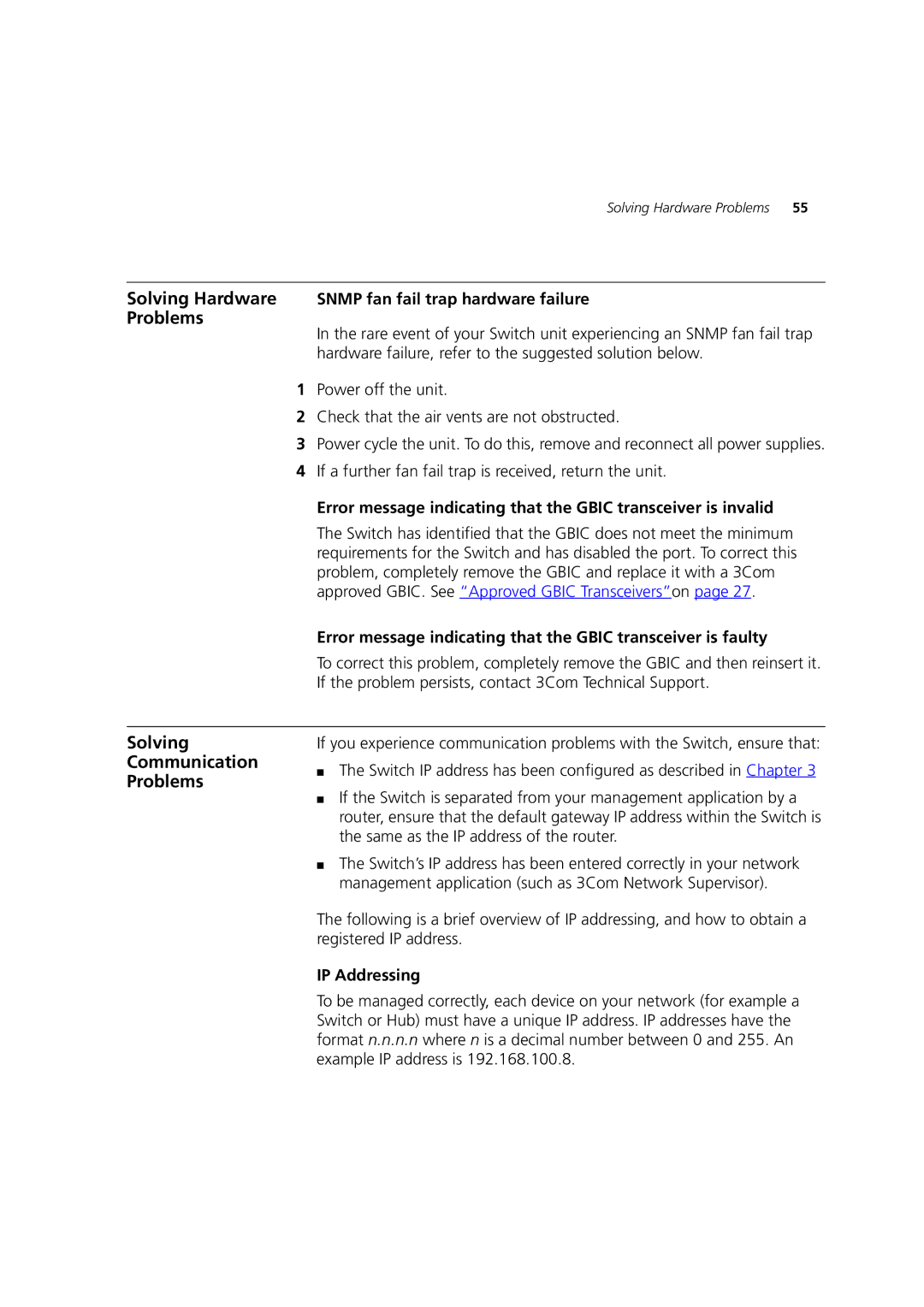 3Com C17302 manual Solving Communication Problems, Solving Hardware Snmp fan fail trap hardware failure, IP Addressing 