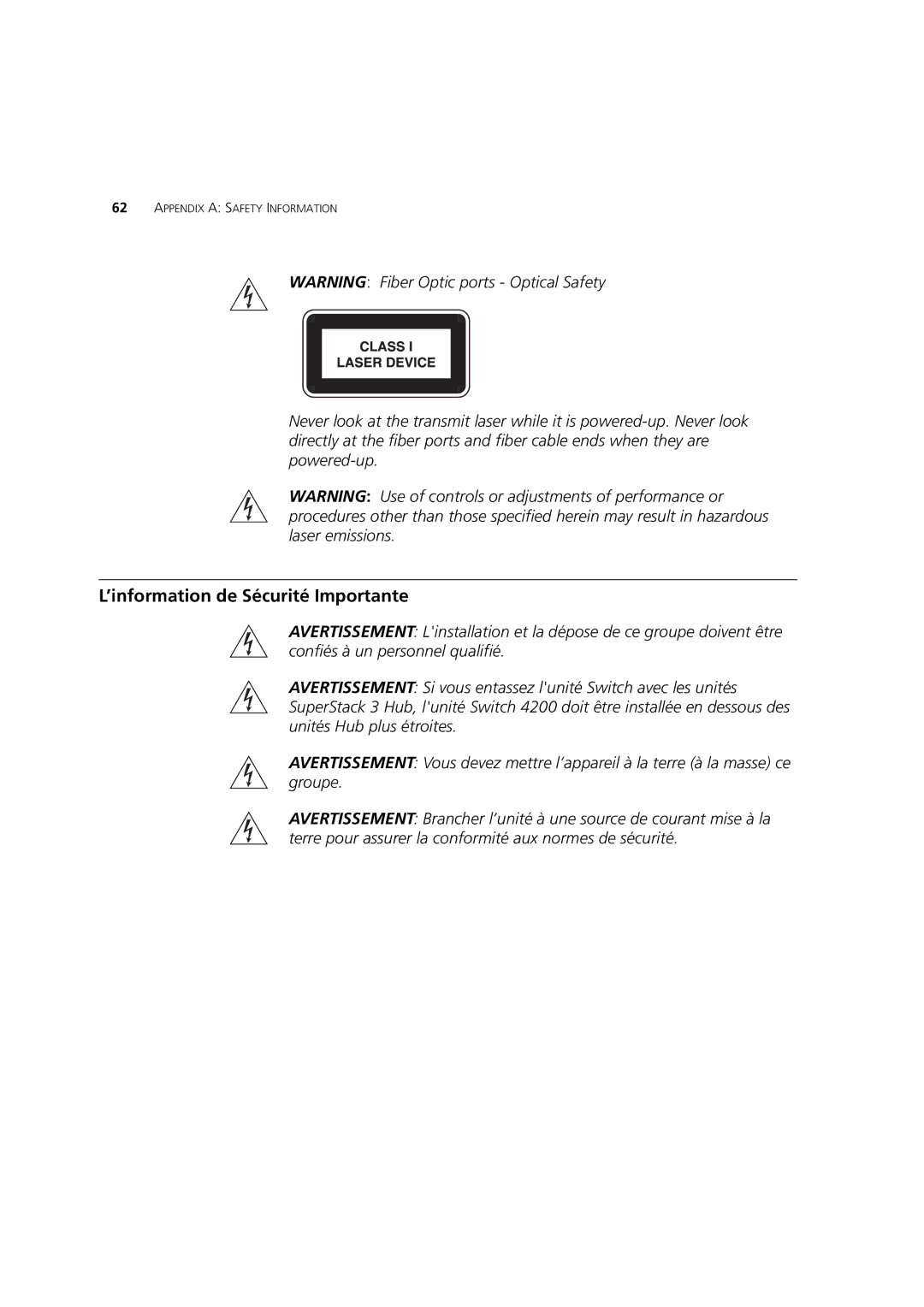 3Com C17304, 3C17300, C17302 manual ’information de Sécurité Importante 