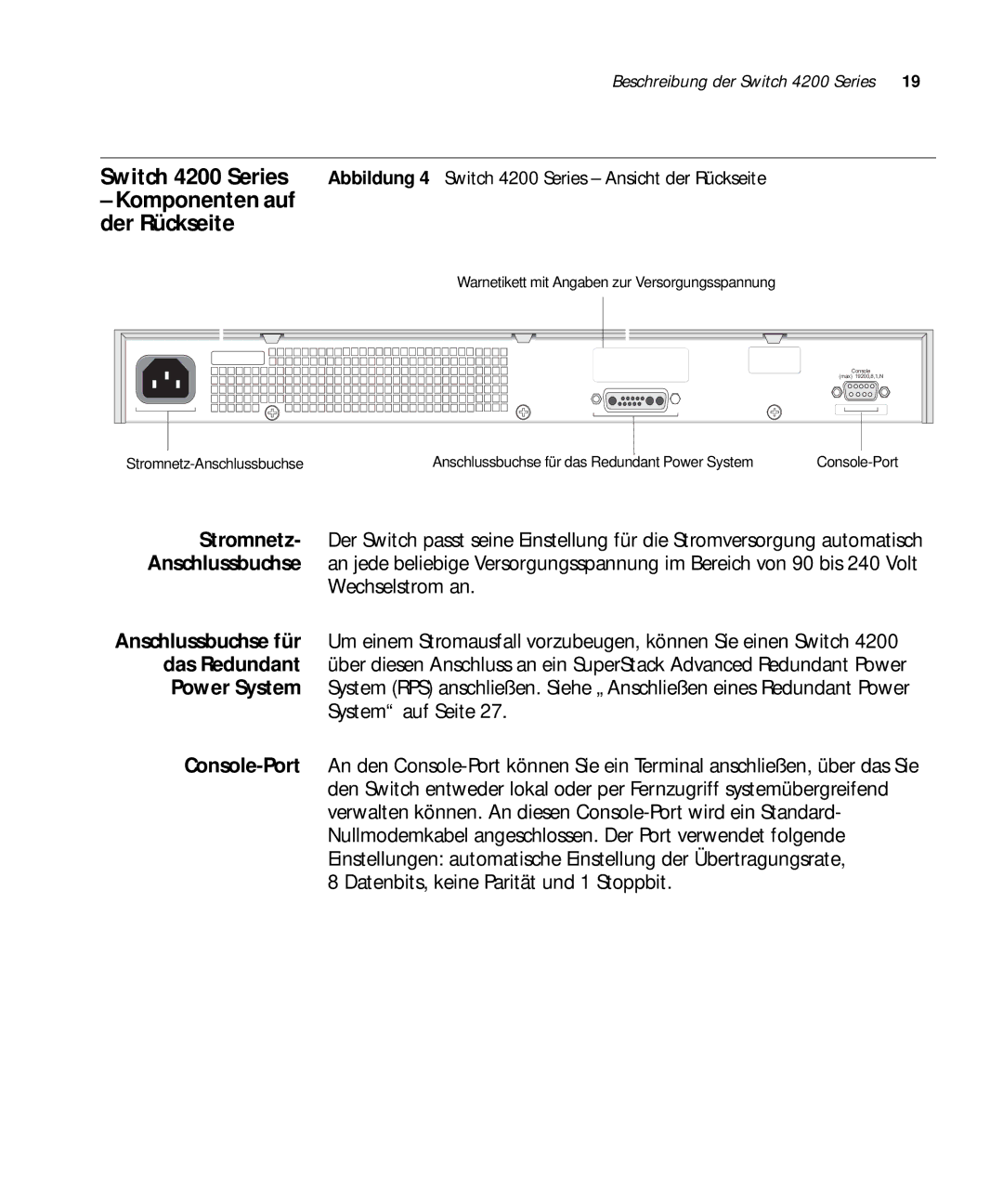 3Com 3C17302 Komponenten auf der Rückseite, Wechselstrom an, System auf Seite, Datenbits, keine Parität und 1 Stoppbit 