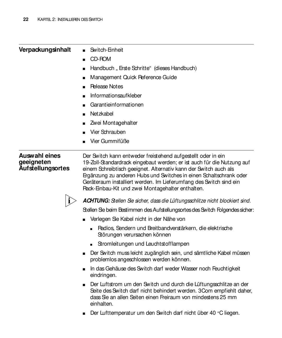 3Com 3C17302, 3C17304, 3C17300 manual Verpackungsinhalt Switch-Einheit, Auswahl eines geeigneten Aufstellungsortes 