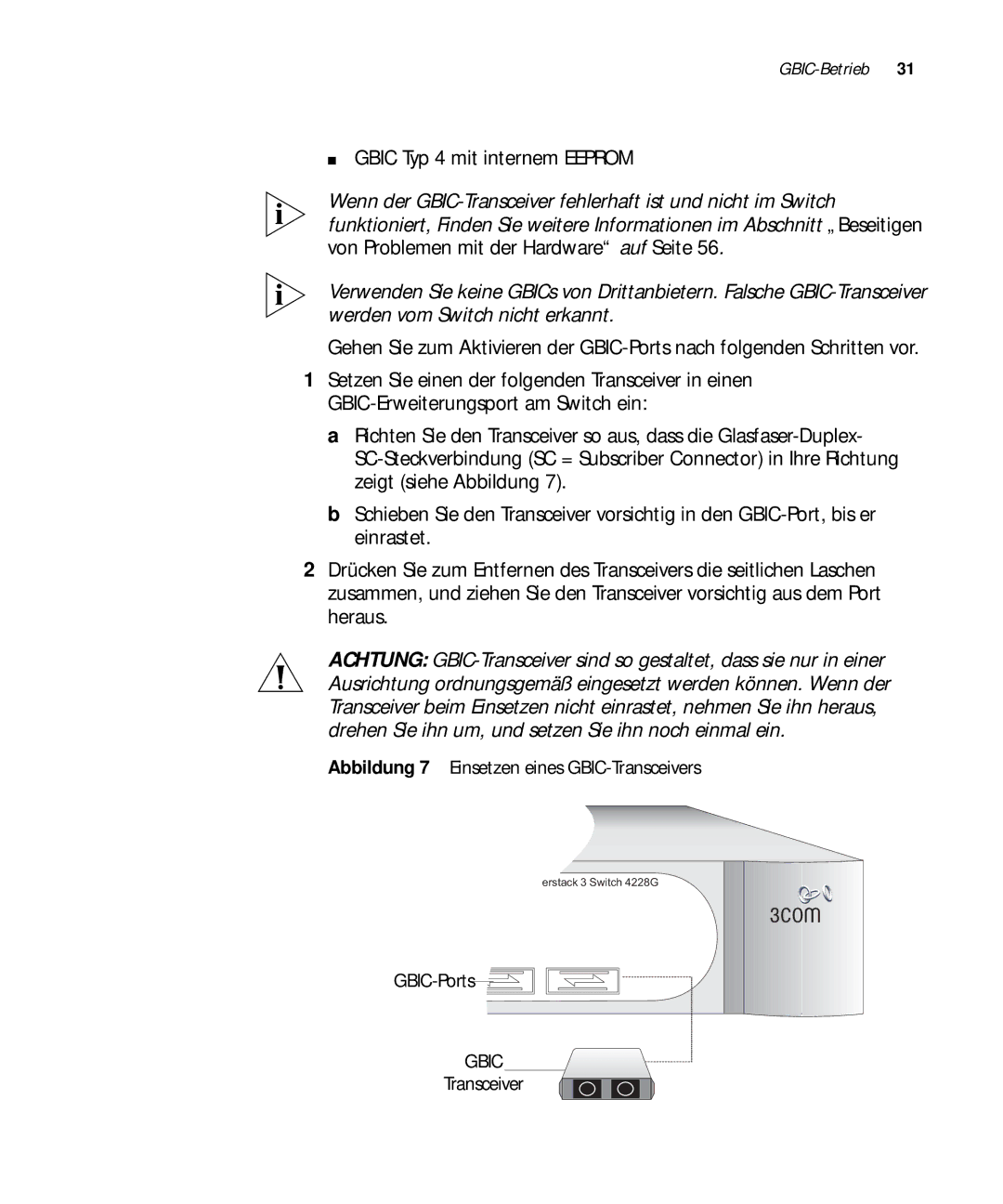 3Com 3C17302, 3C17304 manual Gbic Typ 4 mit internem Eeprom, Abbildung 7 Einsetzen eines GBIC-Transceivers, Transceivereiver 