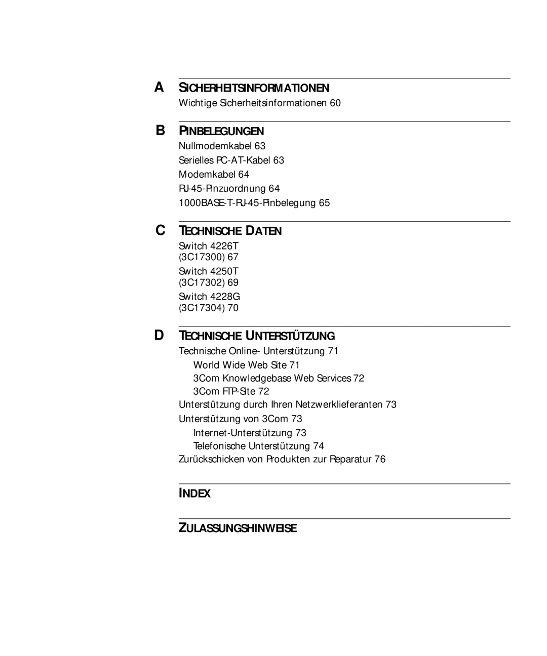 3Com 3C17300, 3C17304, 3C17302 manual Pinbelegungen, Wichtige Sicherheitsinformationen 