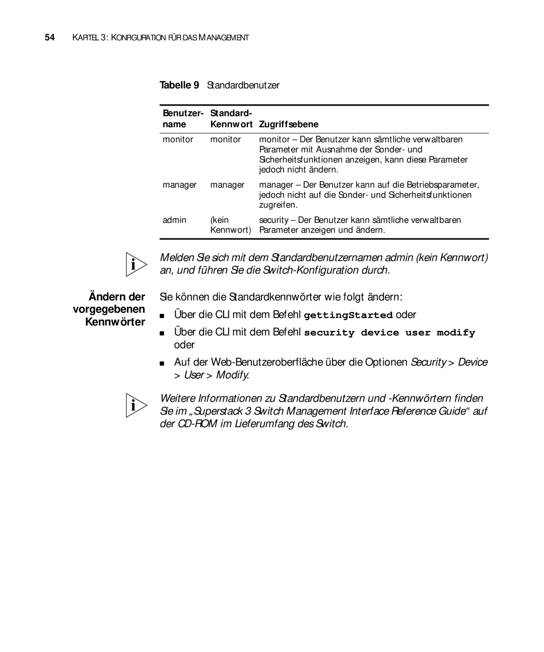 3Com 3C17304, 3C17302, 3C17300 manual Standardbenutzer, Benutzer Standard Name Kennwort Zugriffsebene 