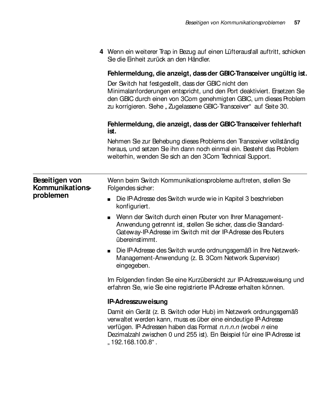 3Com 3C17304, 3C17302, 3C17300 manual Beseitigen von Kommunikations- problemen, IP-Adresszuweisung 