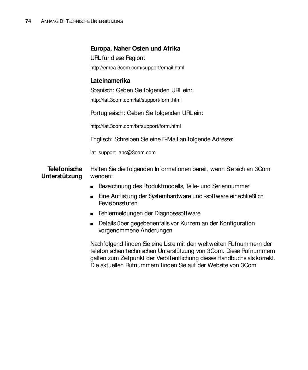 3Com 3C17300, 3C17304, 3C17302 manual Europa, Naher Osten und Afrika, URL für diese Region, Lateinamerika 