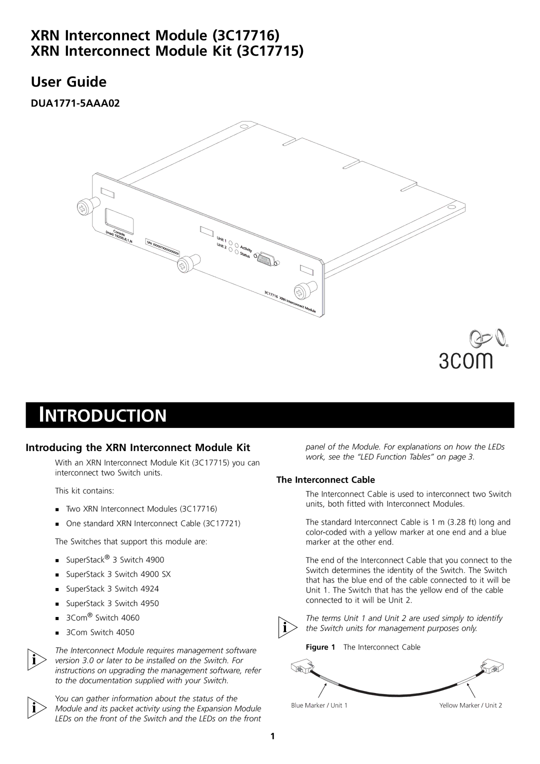 3Com 3C17716, 3C17715 manual Introduction, DUA1771-5AAA02, Introducing the XRN Interconnect Module Kit, Interconnect Cable 